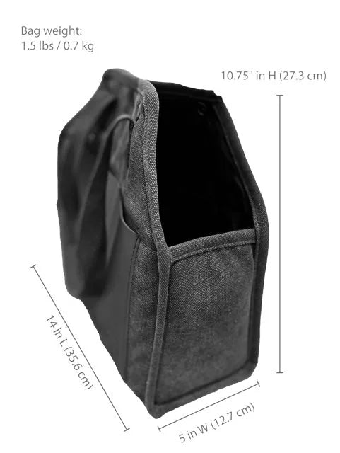 Stylish black pet carrier made from recycled cotton canvas with dimensions for easy portability and storage.