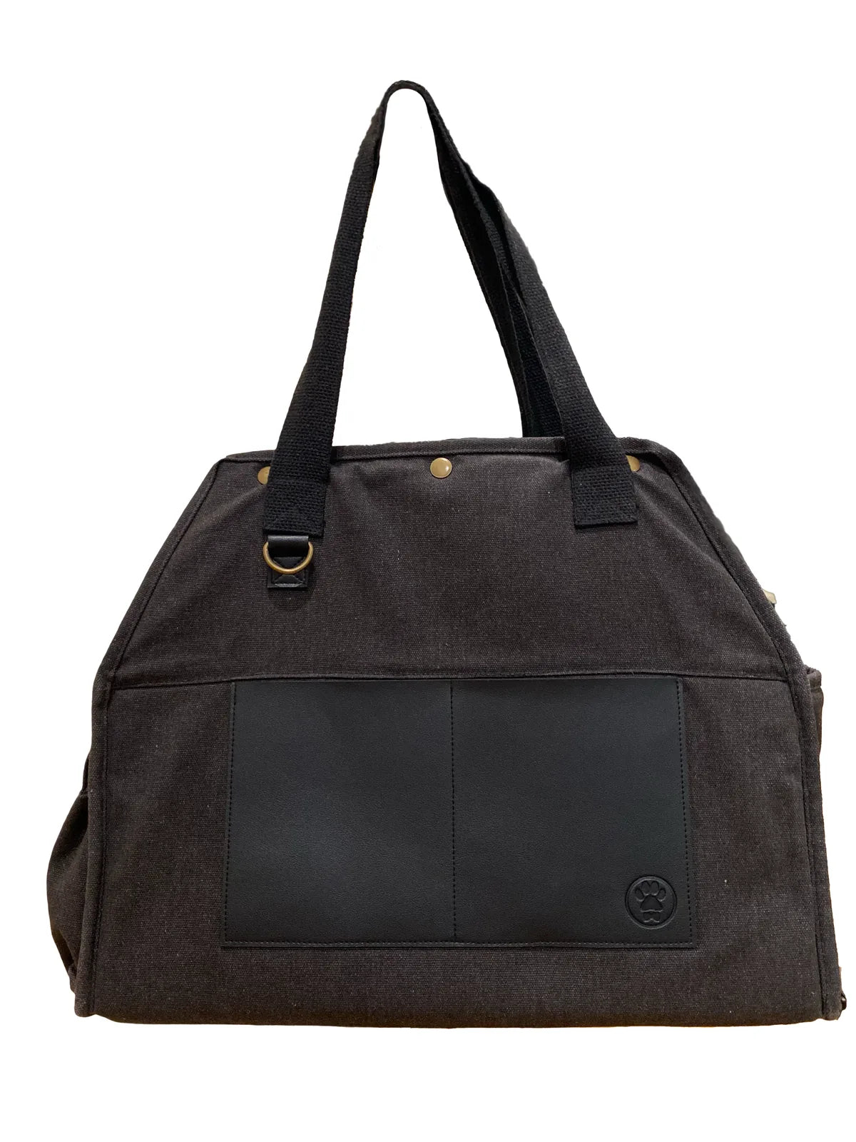 Stylish black pet carrier with vegan leather trim and sturdy handles, designed for urban pet owners.