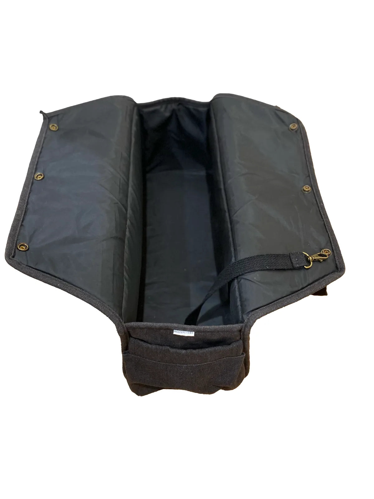 Interior view of the black Daily Carrier with snaps, showcasing spacious fabric compartments for pets.