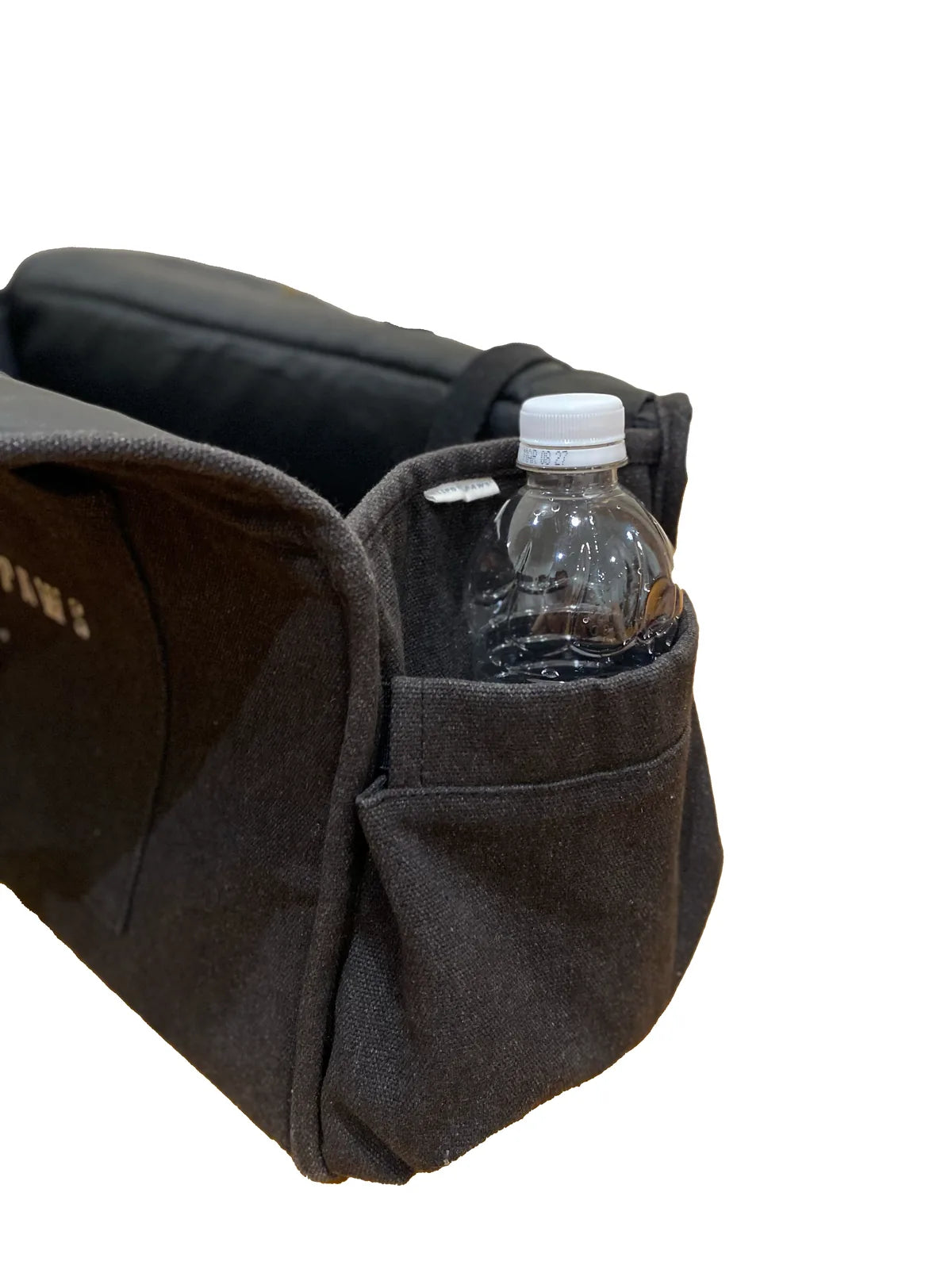 Black pet carrier with a water bottle in a side pocket, designed for convenient travel with small pets.