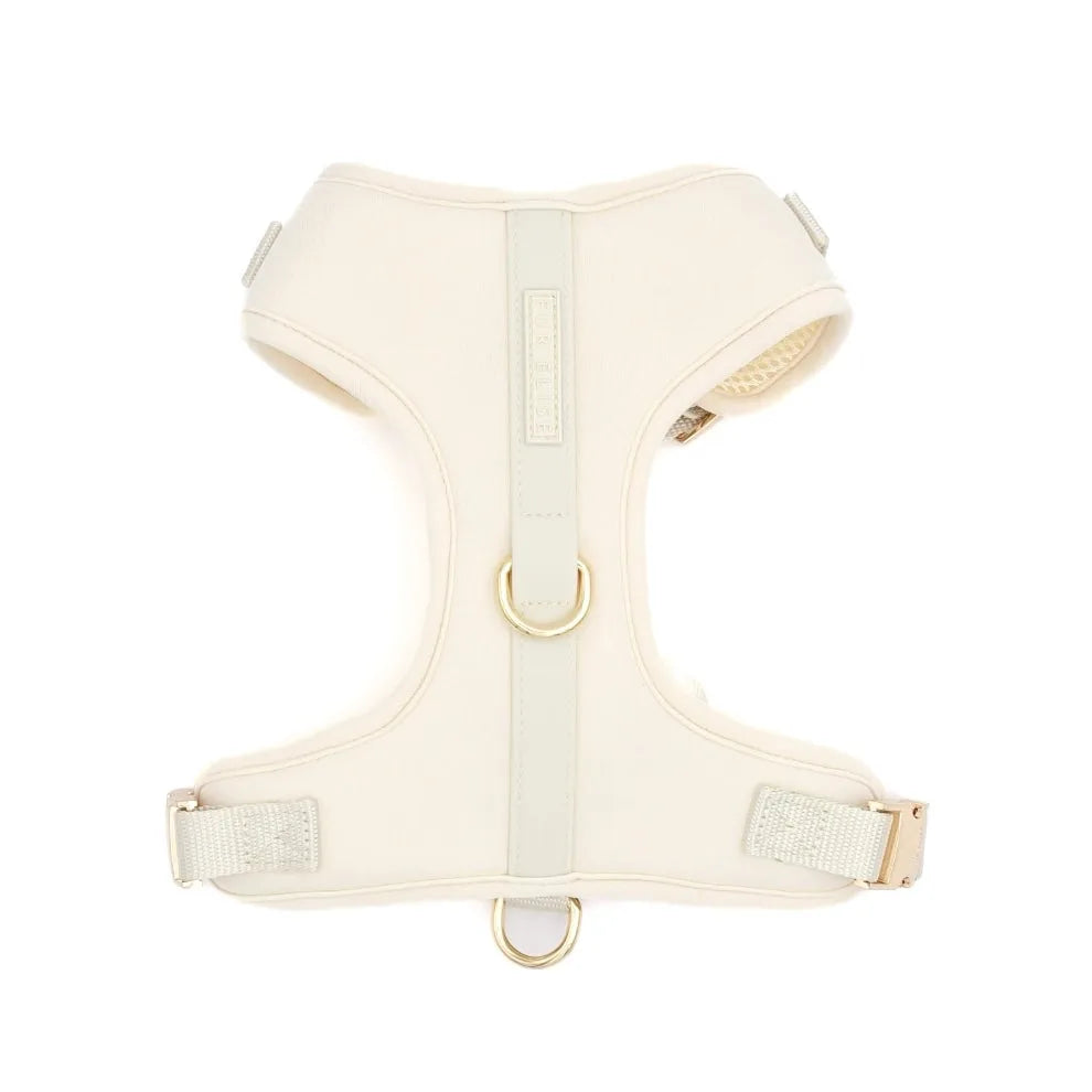 Soft beige neoprene dog harness with breathable mesh lining, gold D-ring, and adjustable straps for comfort and control.