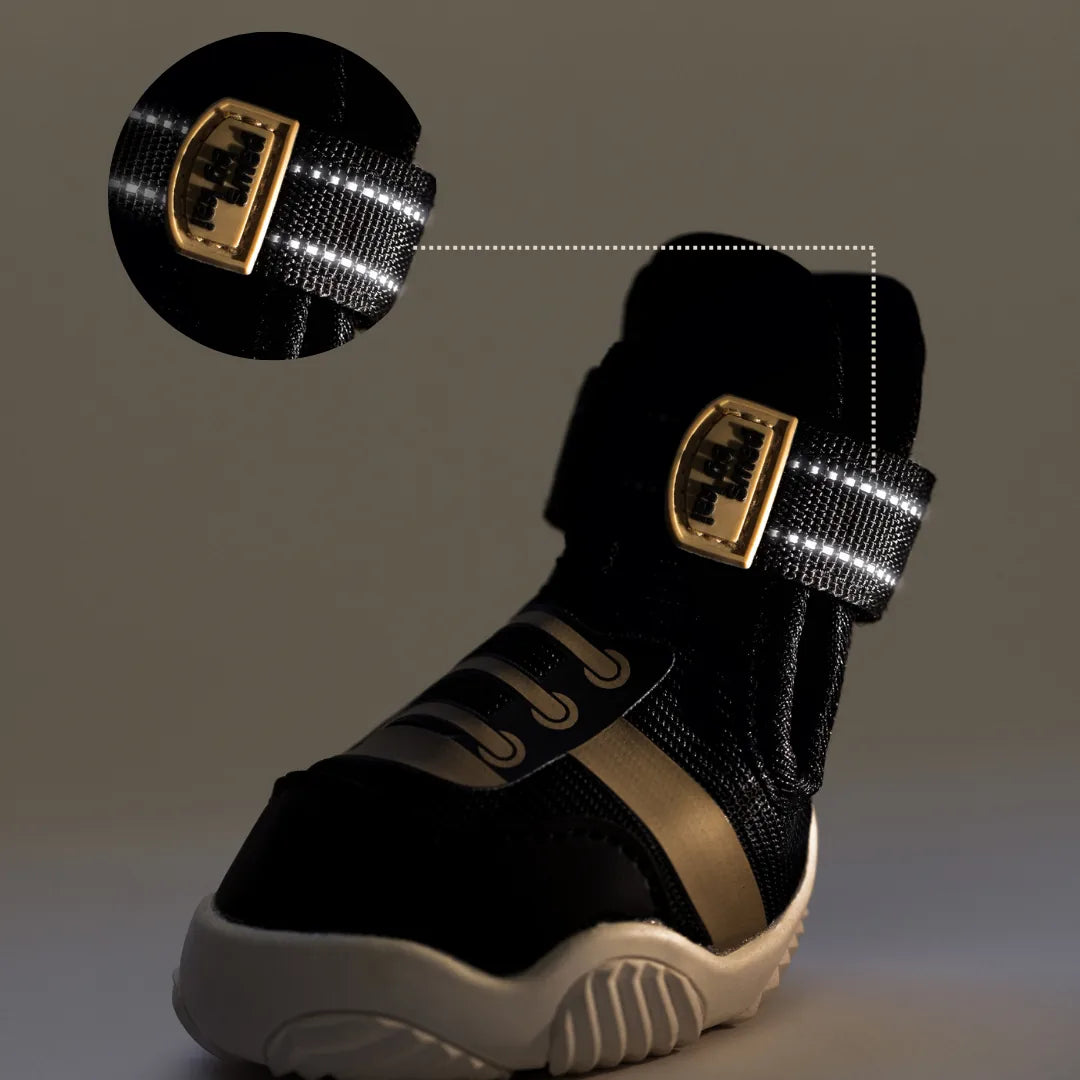 Black dog sneaker with adjustable gold strap, featuring grippy sole and stylish design for outdoor activities.