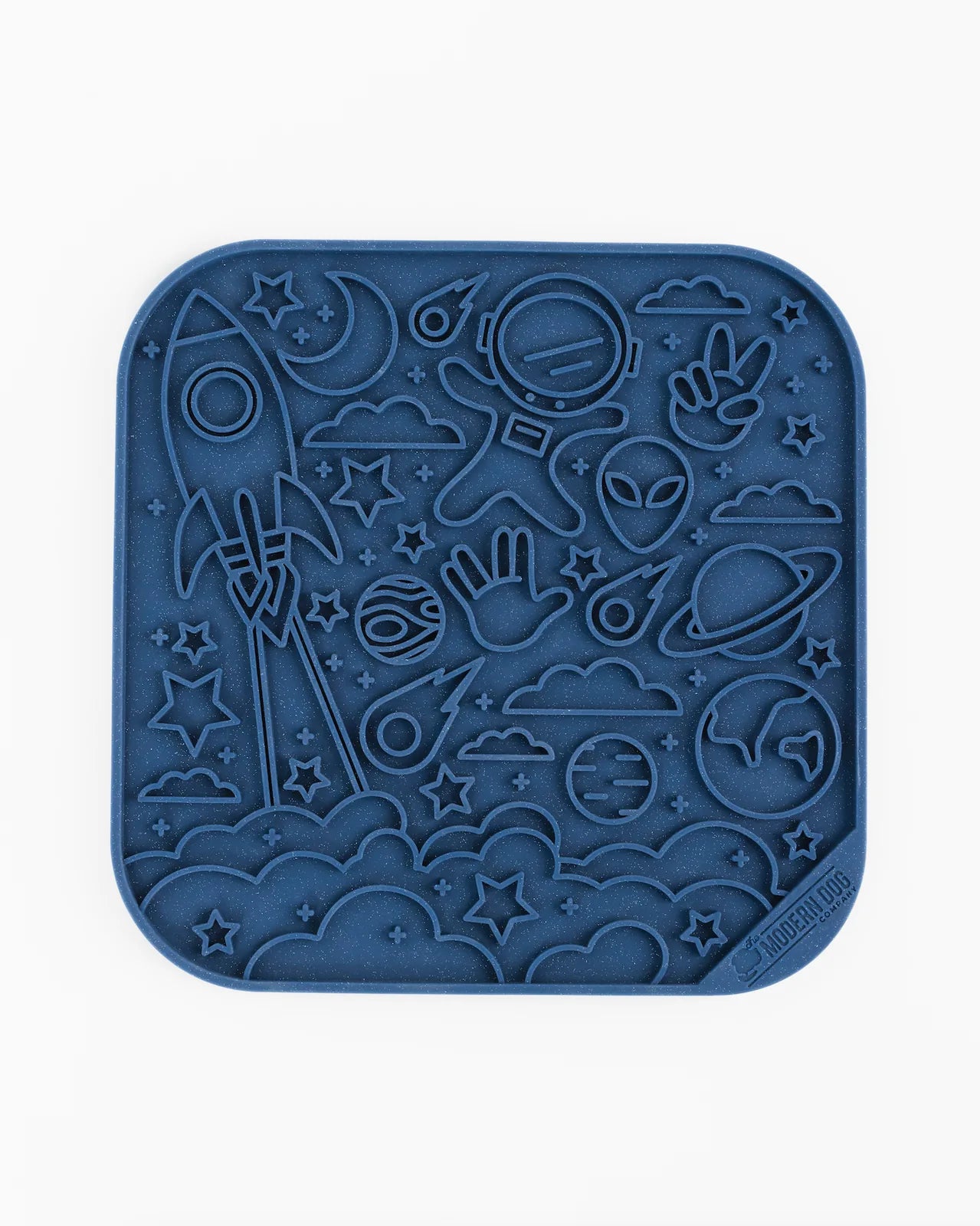 Galaxy-themed blue silicone lick mat featuring rockets, planets, and stars. Designed for engaging dog feeding activities.