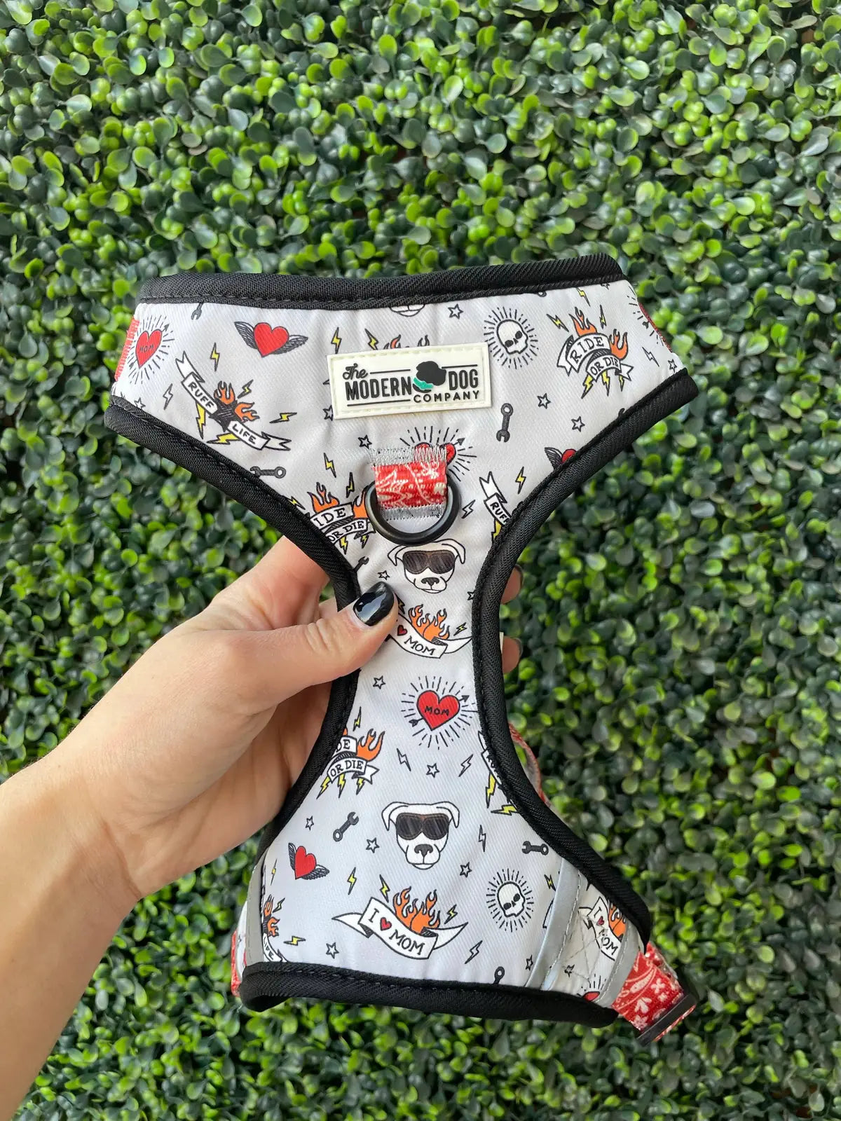 Stylish adjustable dog harness with edgy biker-inspired graphics, featuring skulls, hearts, and "I Mom" text.