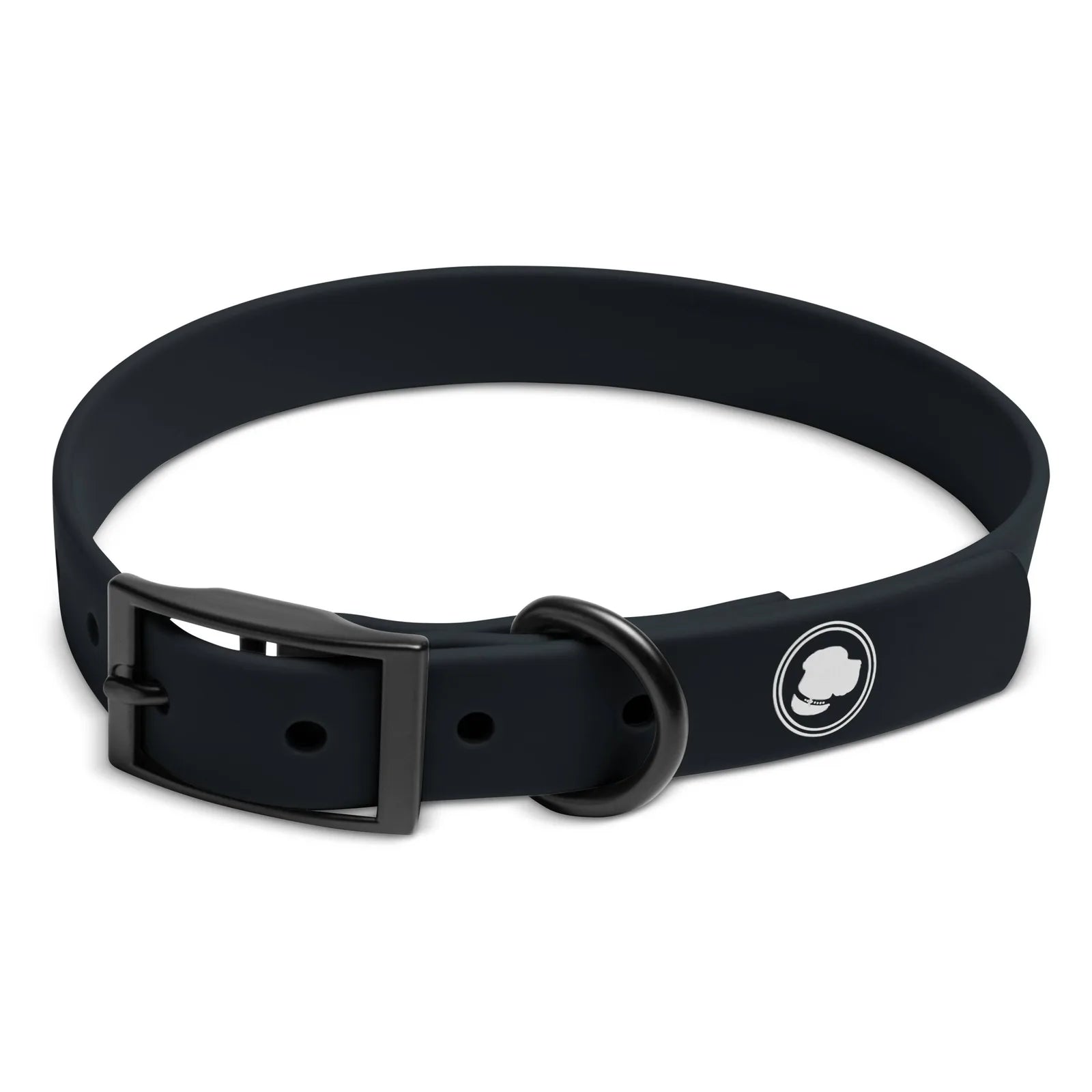Adjustable black dog collar with a sleek design, featuring a metal buckle and a logo patch for everyday use.