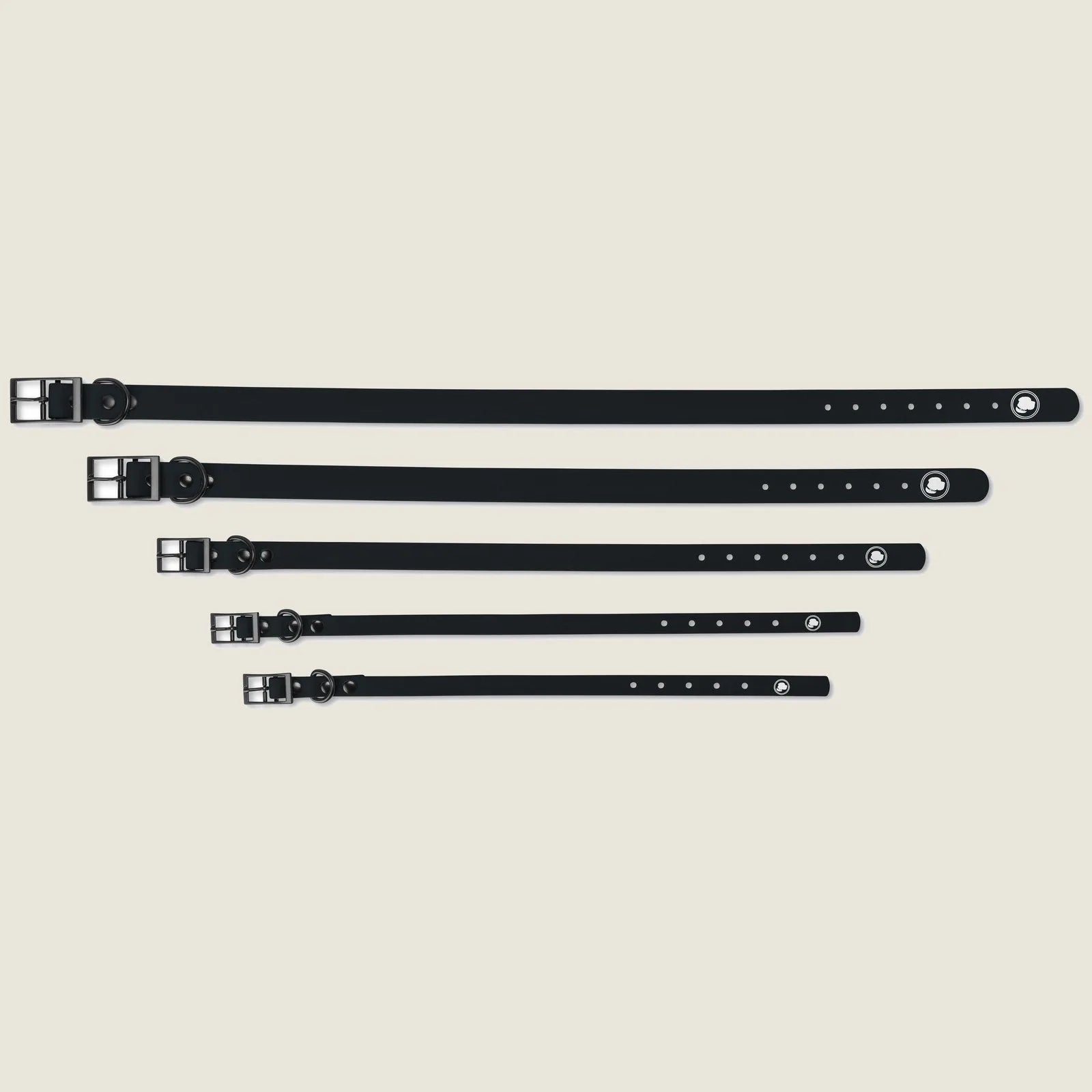 Adjustable black dog collars in various sizes, featuring sleek design and durable metal buckles.