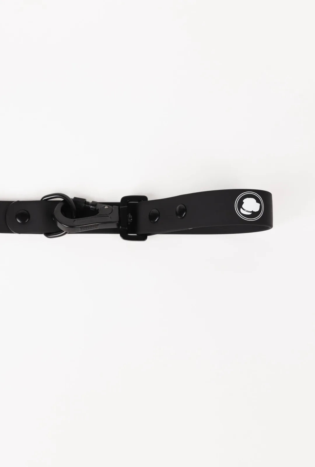 Adjustable black dog leash with snap hook, featuring a logo and designed for all-weather durability and easy cleaning.