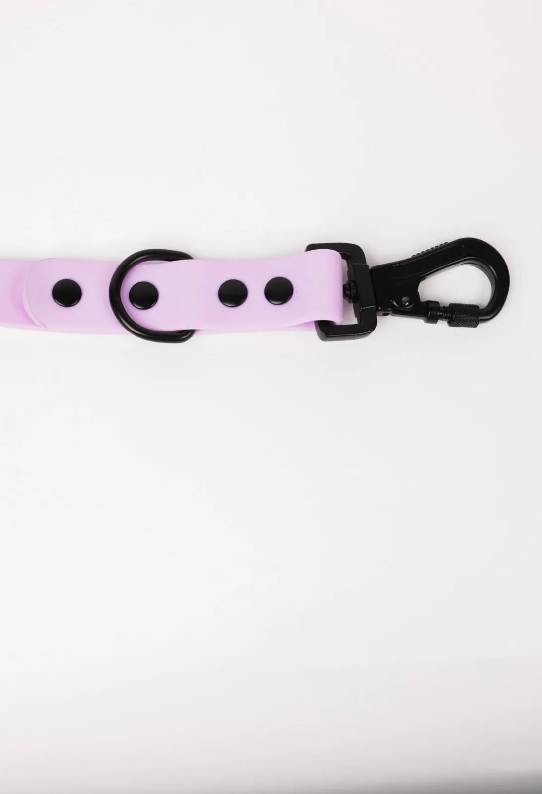 Blush pink adjustable dog leash with black hardware and circular attachment, perfect for all-weather walks.