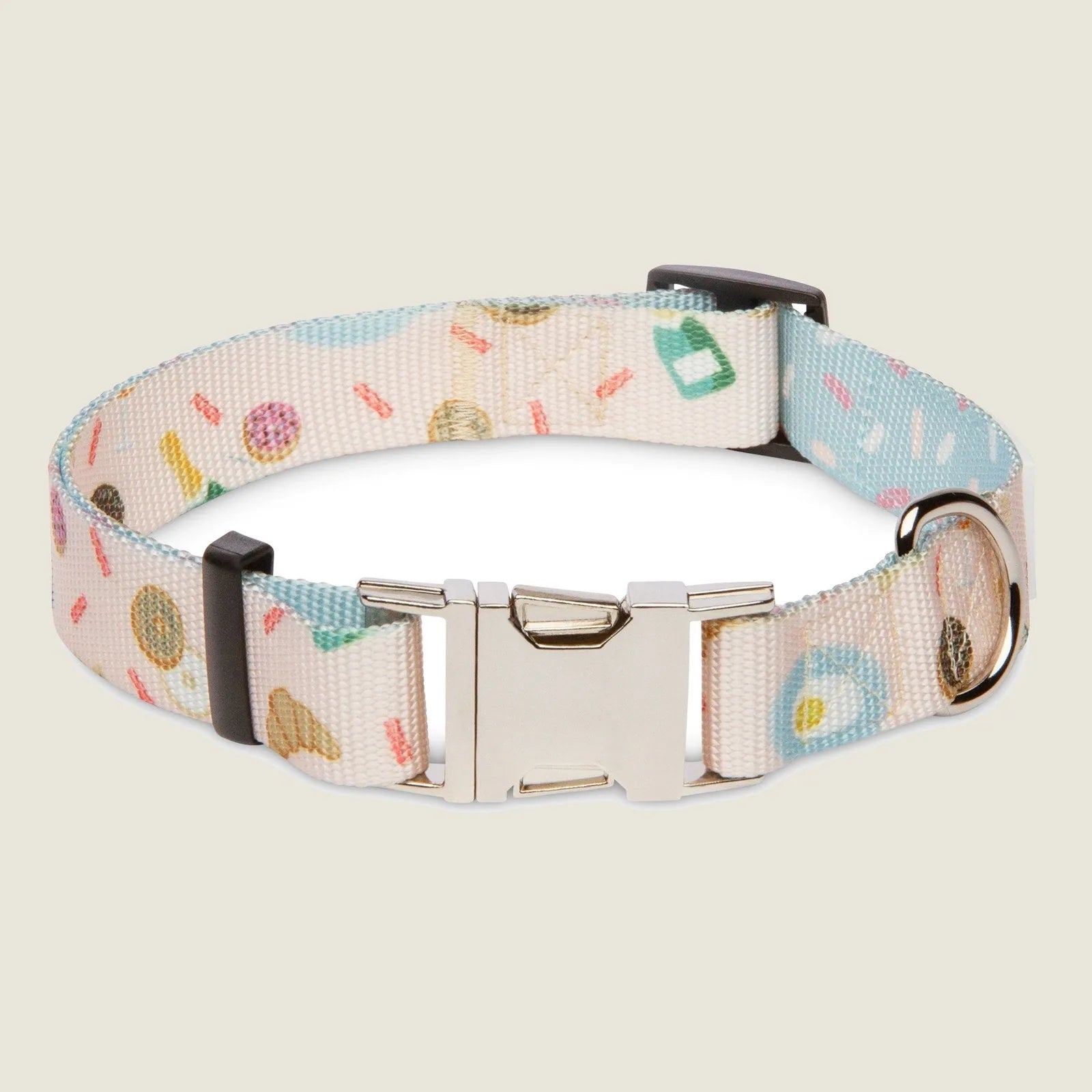 Adjustable dog collar with a brunch-themed design, featuring colorful food illustrations on a soft pastel background.