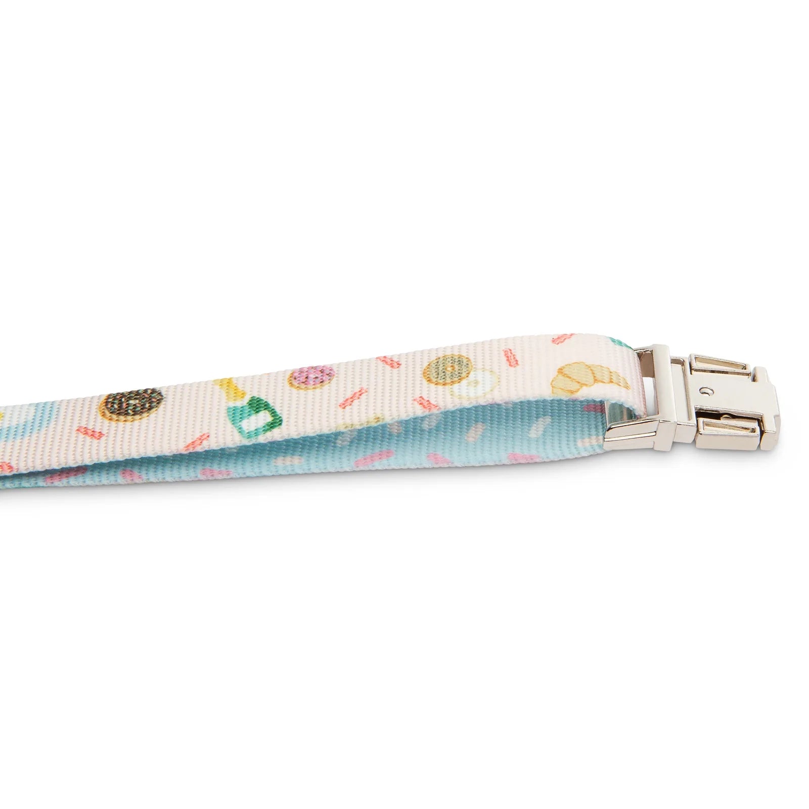 Brunch-themed dog collar featuring donuts, croissants, and champagne on a light blue background with a durable metal buckle.