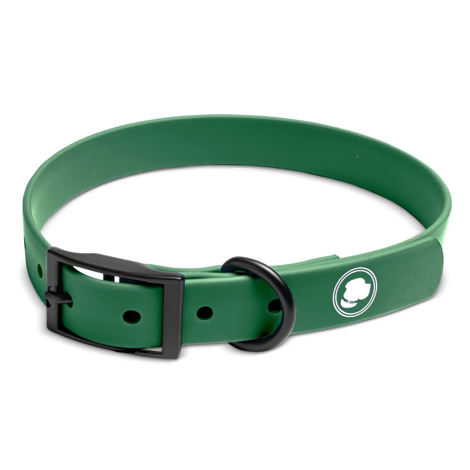 Clover green adjustable dog collar with a black buckle, designed for all-weather use and easy cleaning.