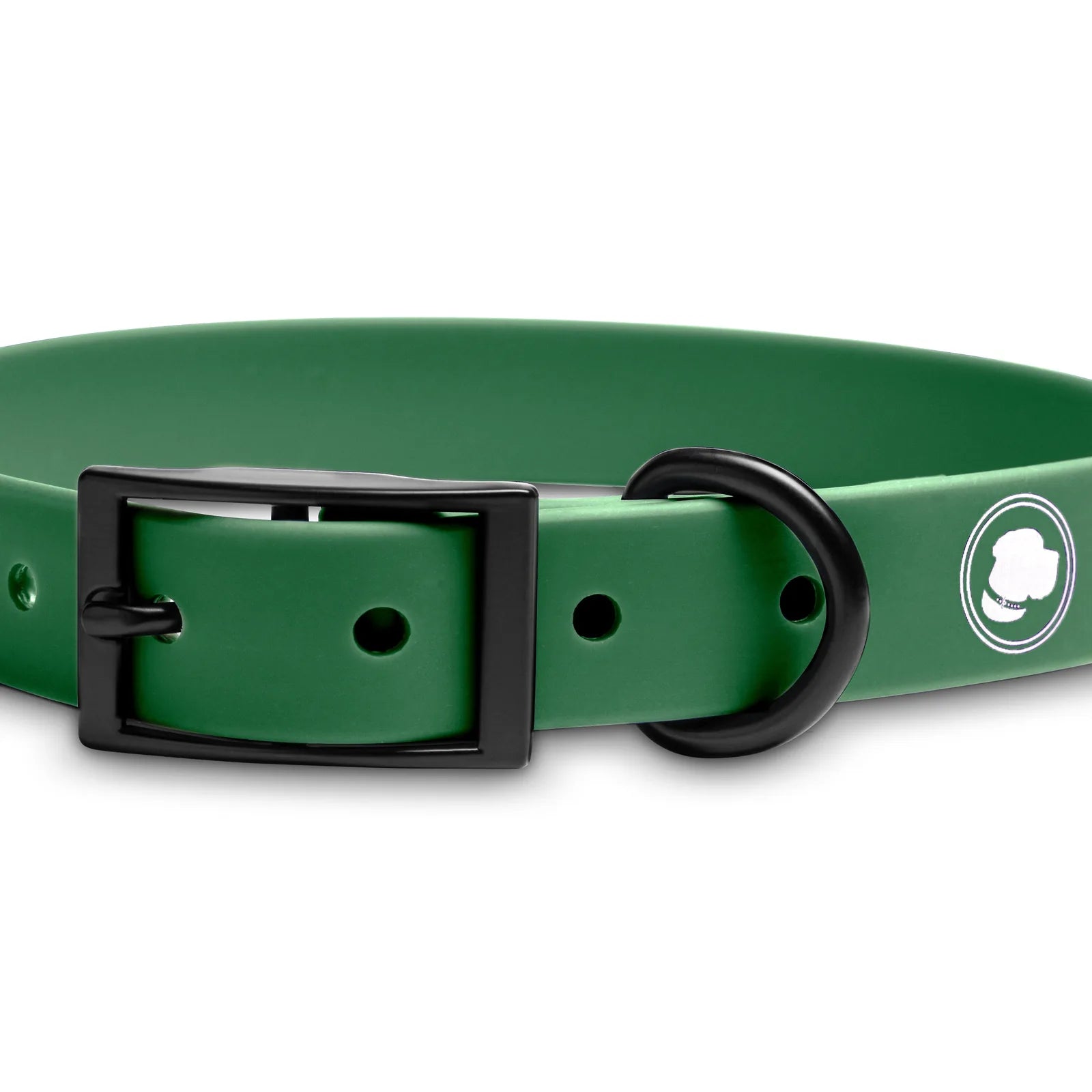 Clover green dog collar with black hardware, adjustable for comfort and designed for all-weather use.