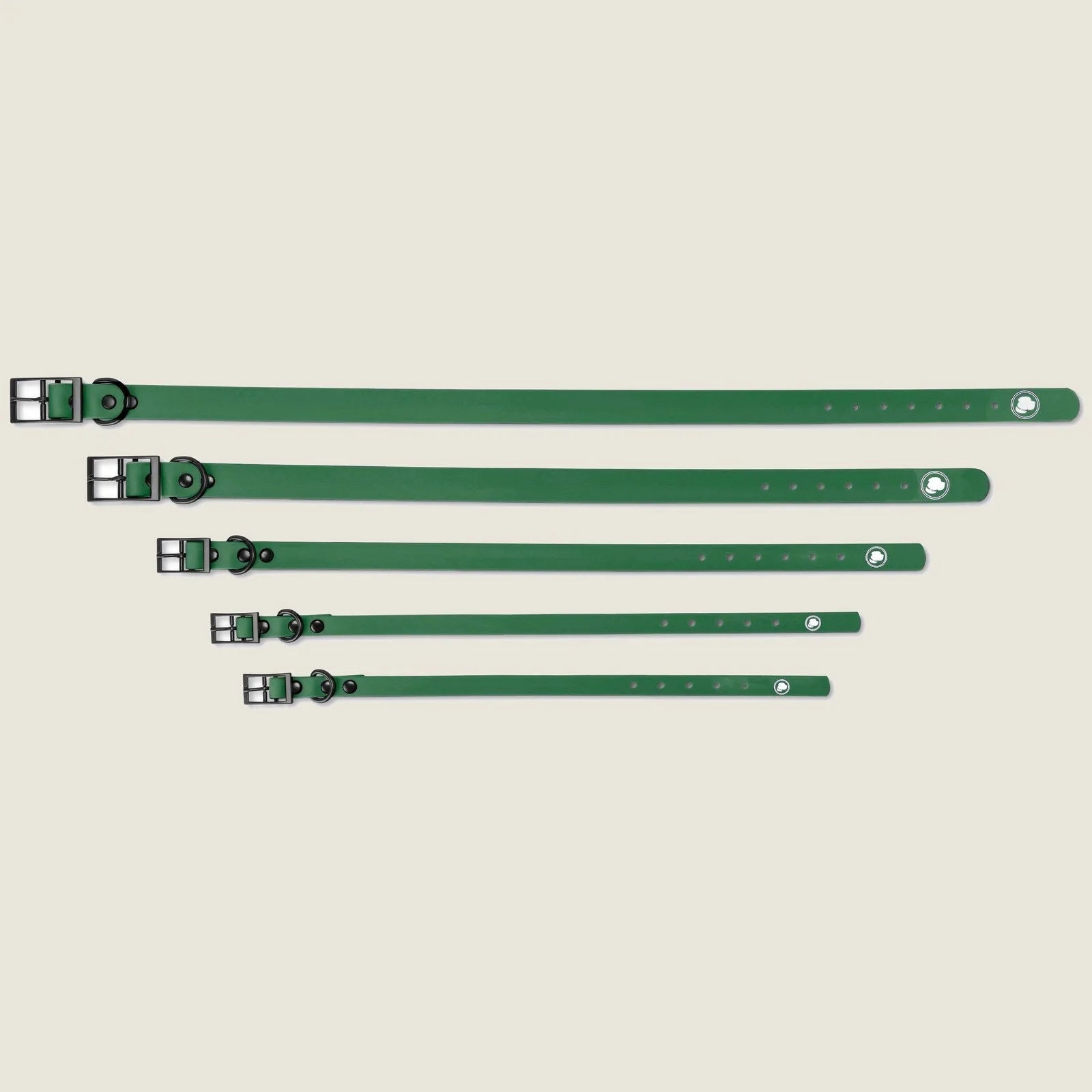 Adjustable Clover Green dog collars in various sizes, featuring durable material and black buckles for everyday wear.