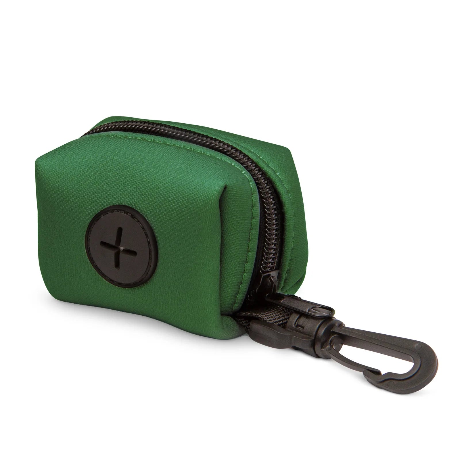 Clover green neoprene poop bag holder with black zipper and clip, designed for convenient dog walking.