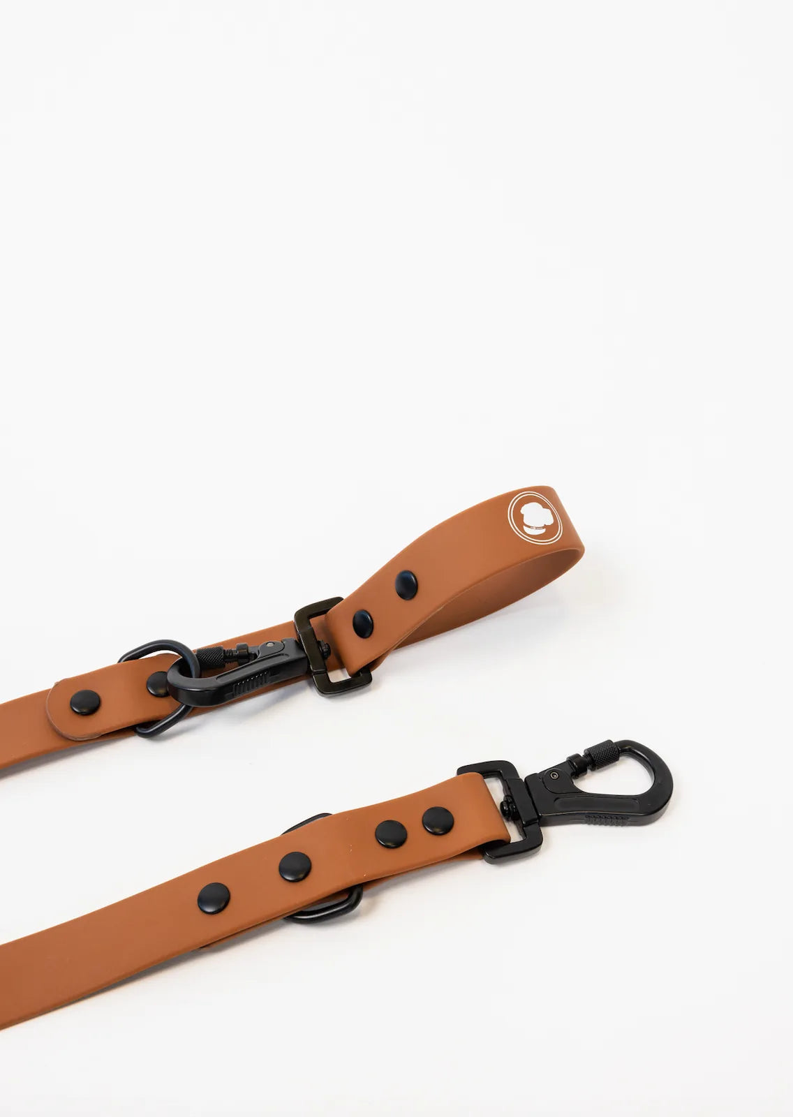 Coco brown adjustable dog leash with black hardware, featuring snap clips and button details for secure control.