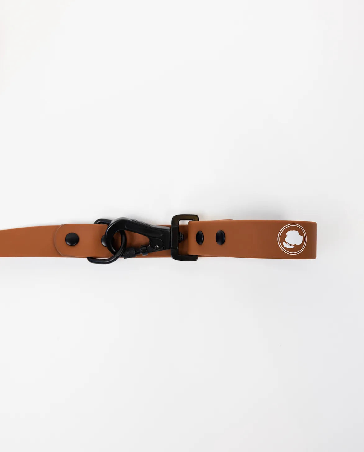 Coco Brown adjustable dog leash with black hardware and logo, designed for all-weather durability and easy cleaning.