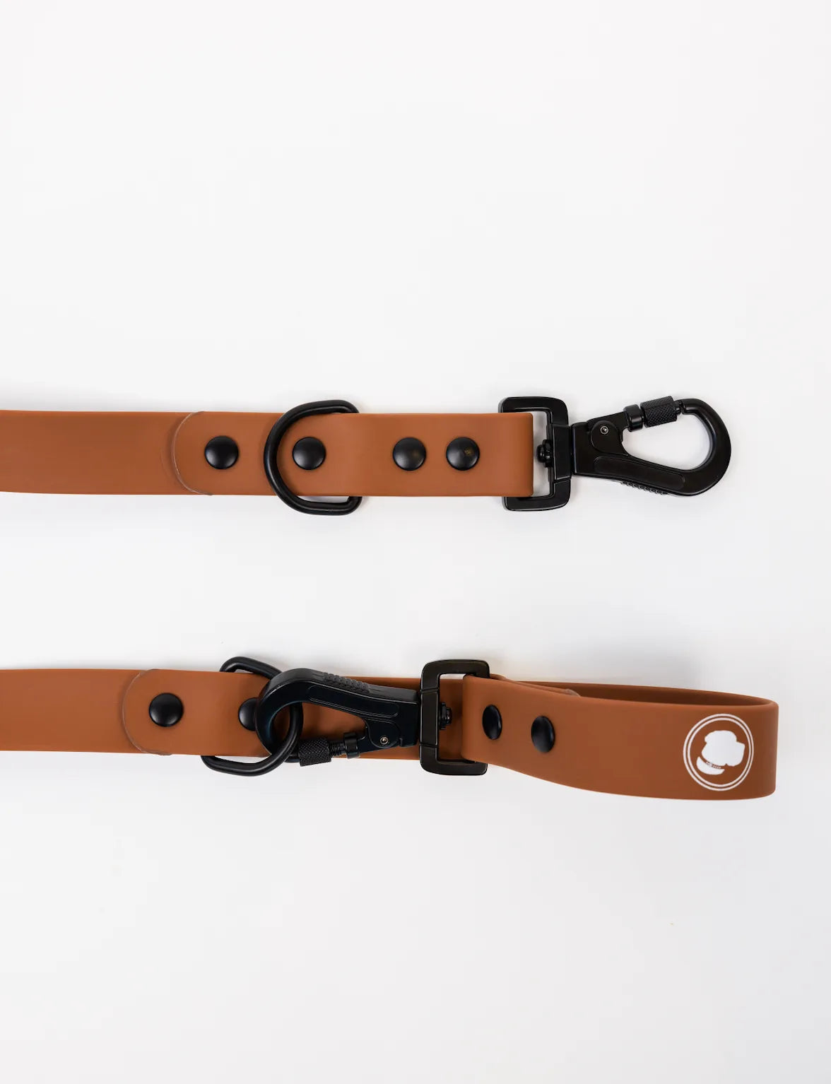 Coco Brown dog leash with adjustable lengths and black hardware, designed for all-weather use and easy cleaning.