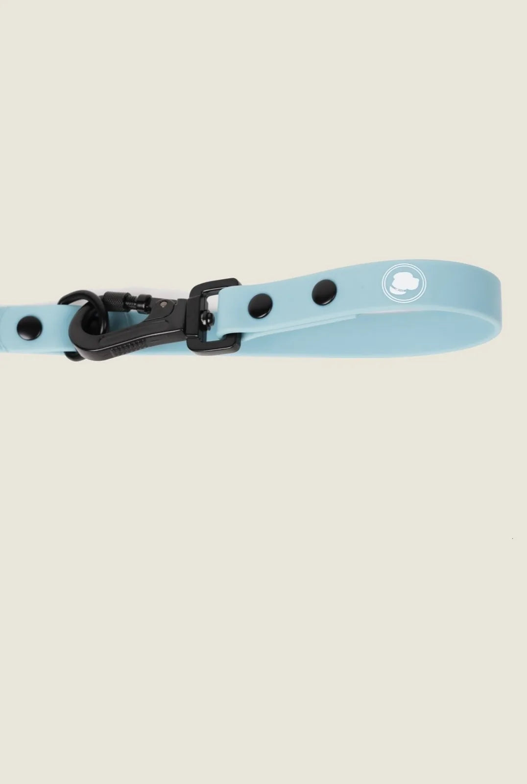 Dusty blue adjustable dog leash with black hardware, designed for all-weather use, featuring a logo and snap clip.