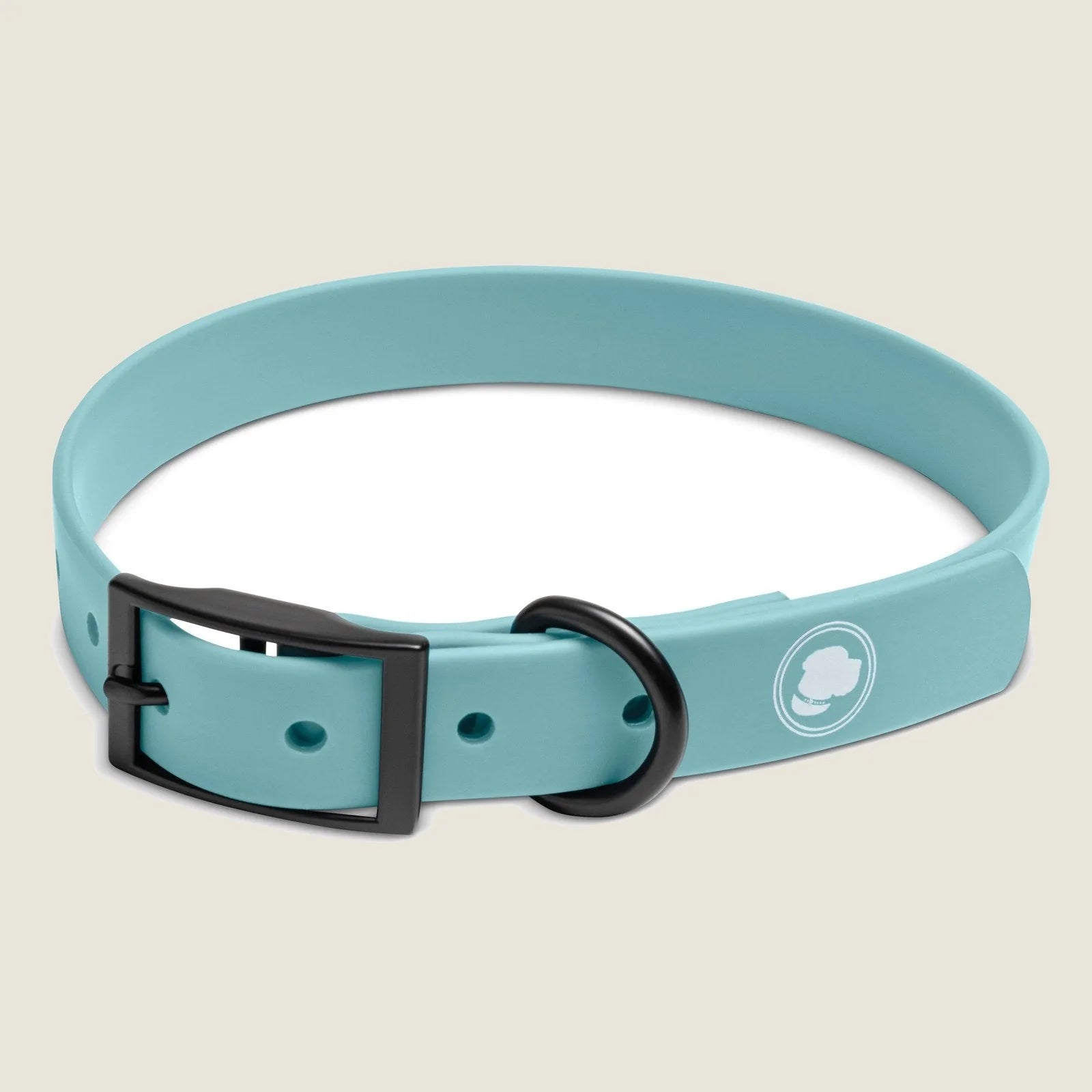 Dusty blue adjustable dog collar with a black buckle and hardware, designed for all-weather durability and comfort.