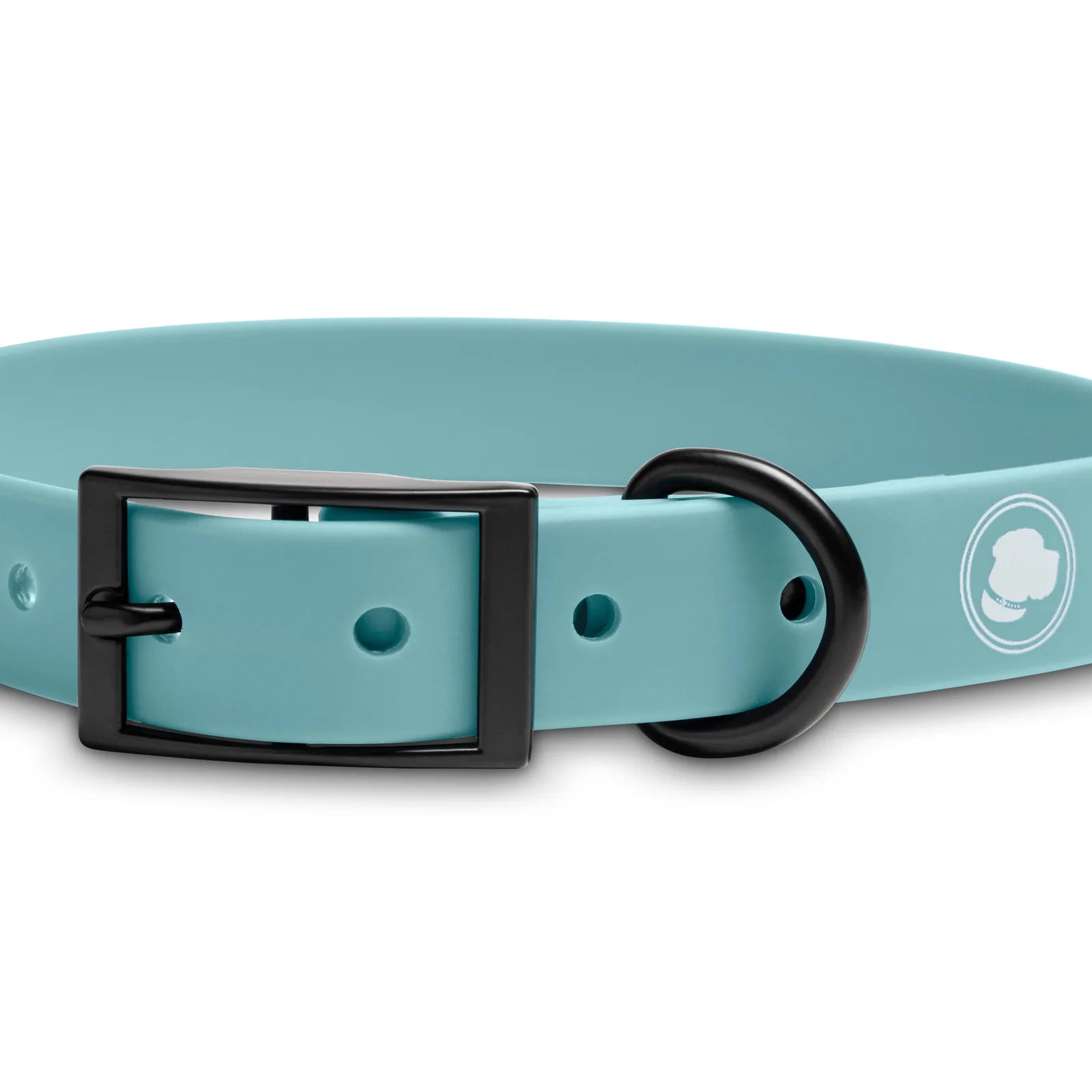 Dusty blue adjustable dog collar with black buckle, designed for comfort and easy cleaning in all weather.
