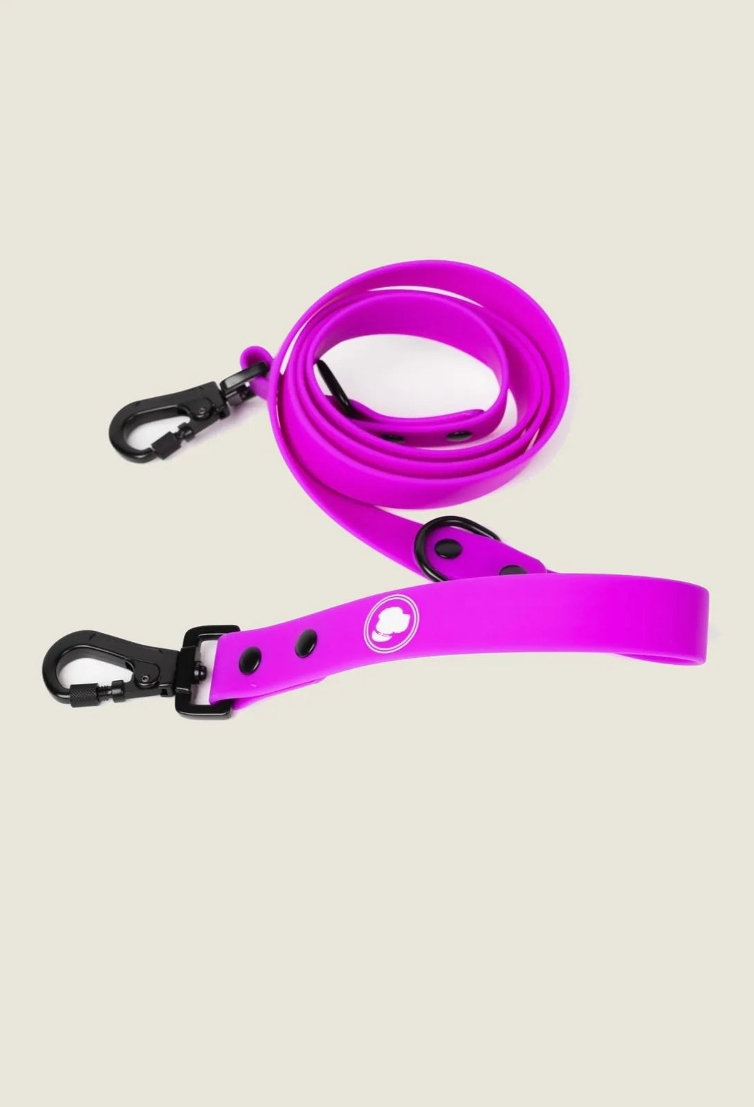 Electric fuchsia adjustable dog leash with black clips, designed for all weather conditions and easy to clean.
