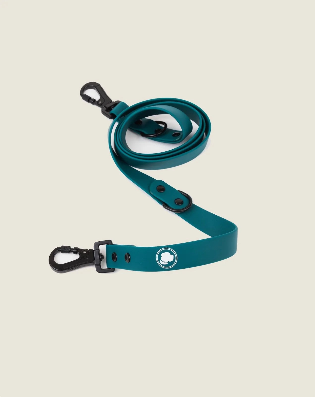 Forest green adjustable dog leash with a locking carabiner and black hardware, designed for versatile outdoor use.