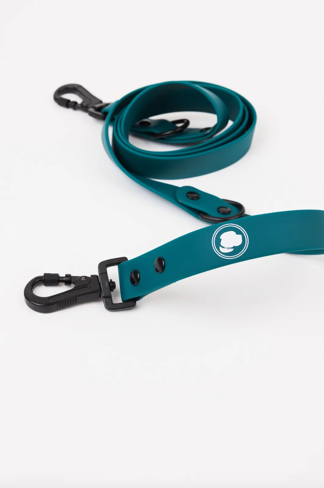 Forest green adjustable dog leash with a black locking carabiner and button snaps, designed for all-weather durability.