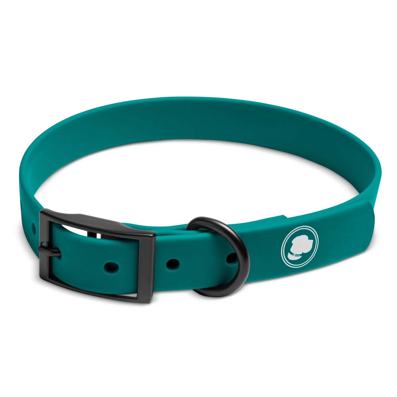 Forest green adjustable dog collar with a black buckle and circular logo, designed for durability in all weather.