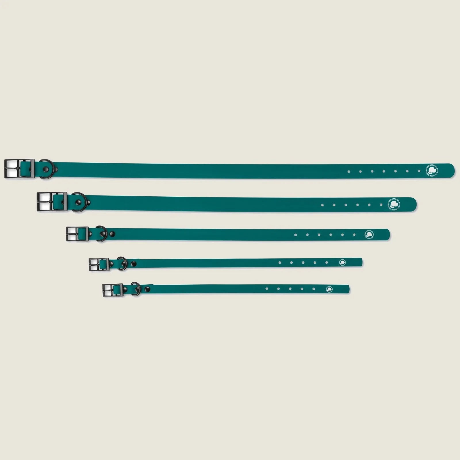 Adjustable forest green dog collars displayed in various sizes with metal buckles and circular accents.