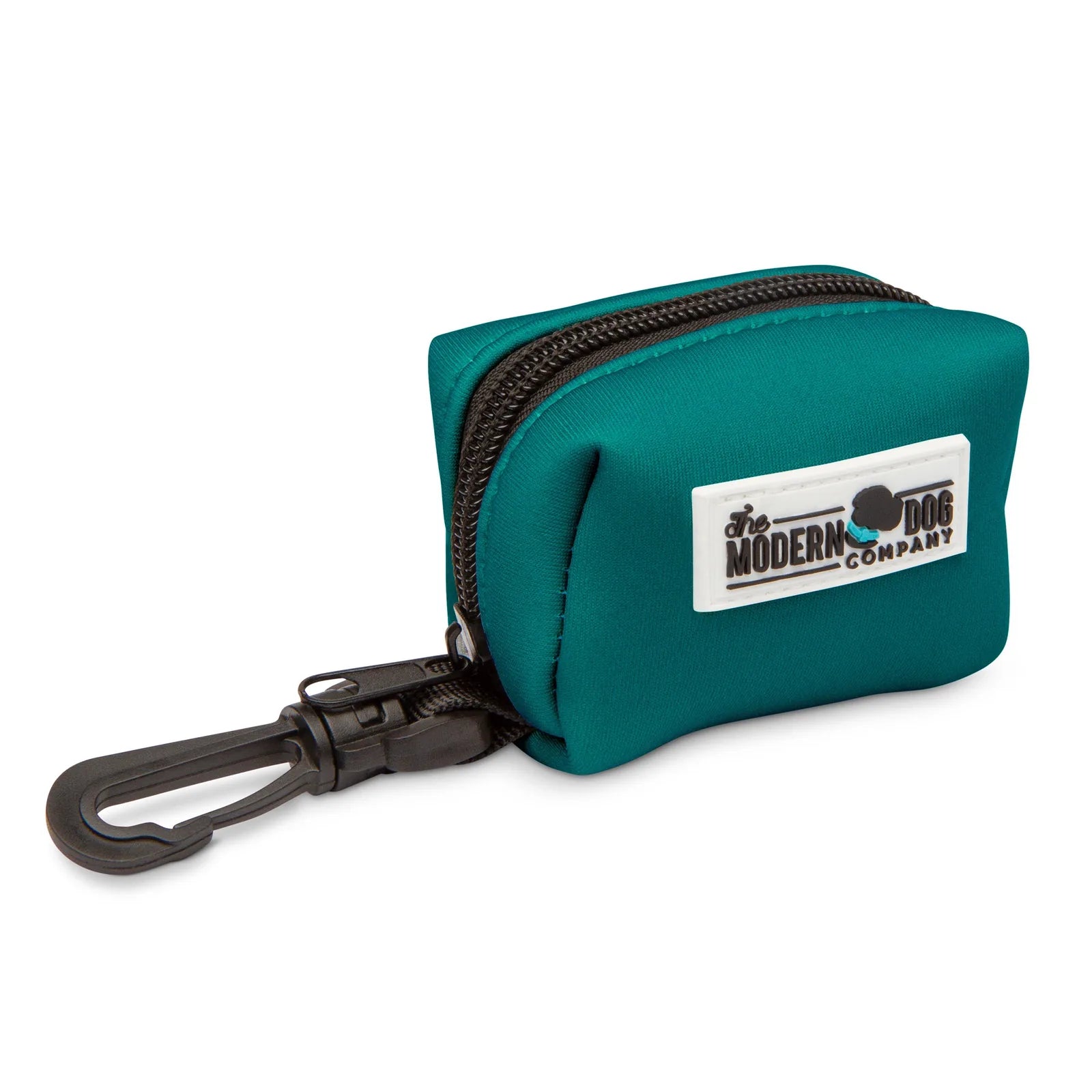Forest green neoprene poop bag holder with a black zipper and clip, featuring The Modern Dog Company logo.