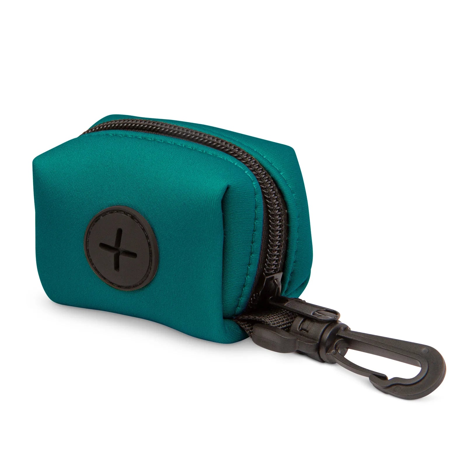 Forest green neoprene poop bag holder with zipper and carabiner clip for easy access during dog walks.