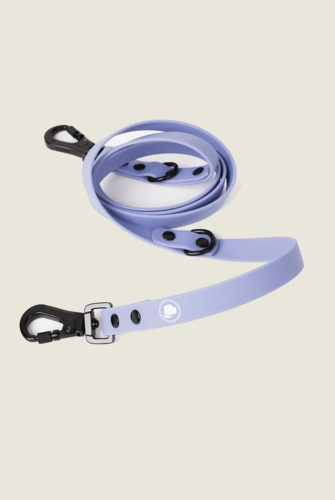 Lavender purple adjustable dog leash with black clips, designed for all-weather use and easy attachment.