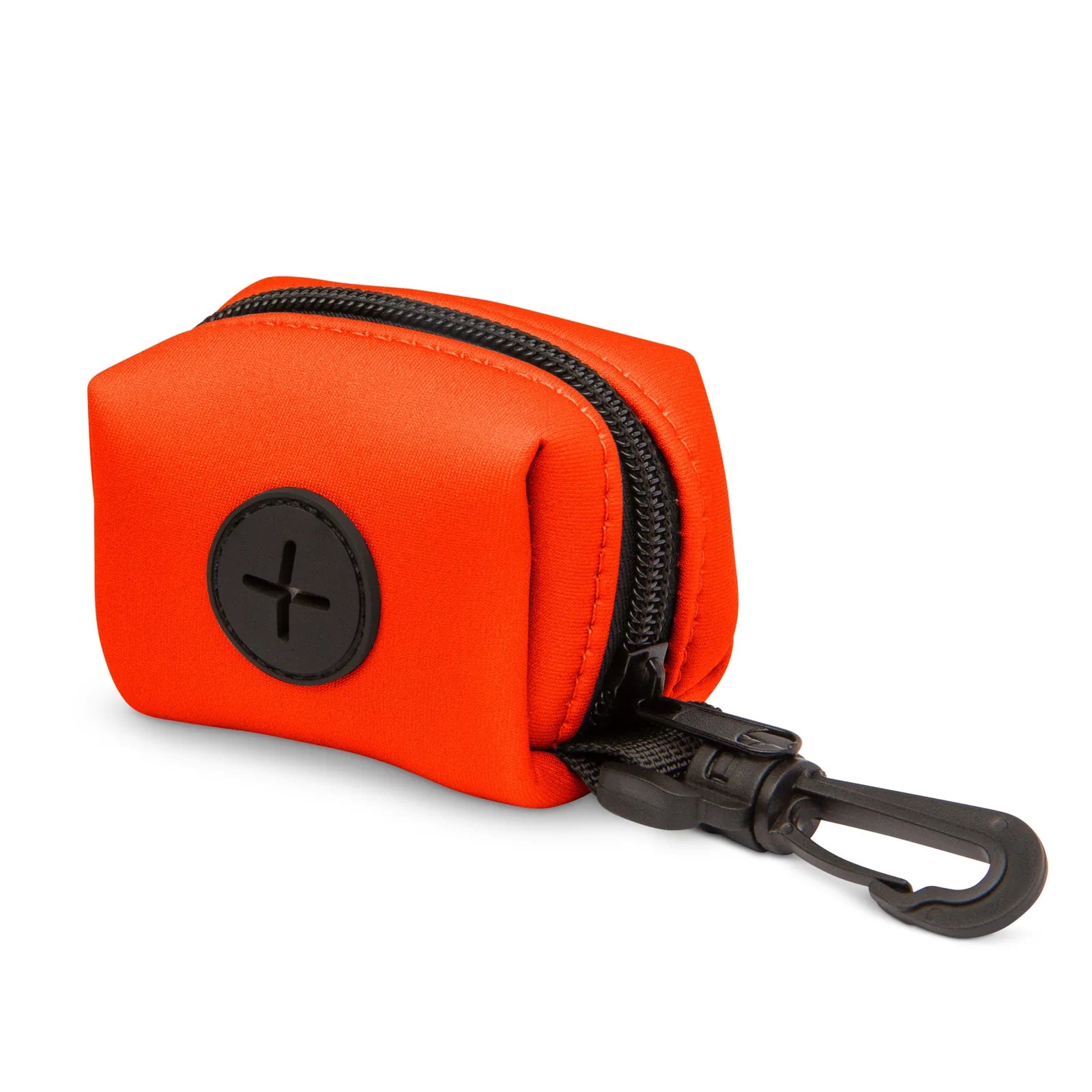 Neon orange neoprene dog waste bag holder with a zipper and clip for easy attachment to leashes.