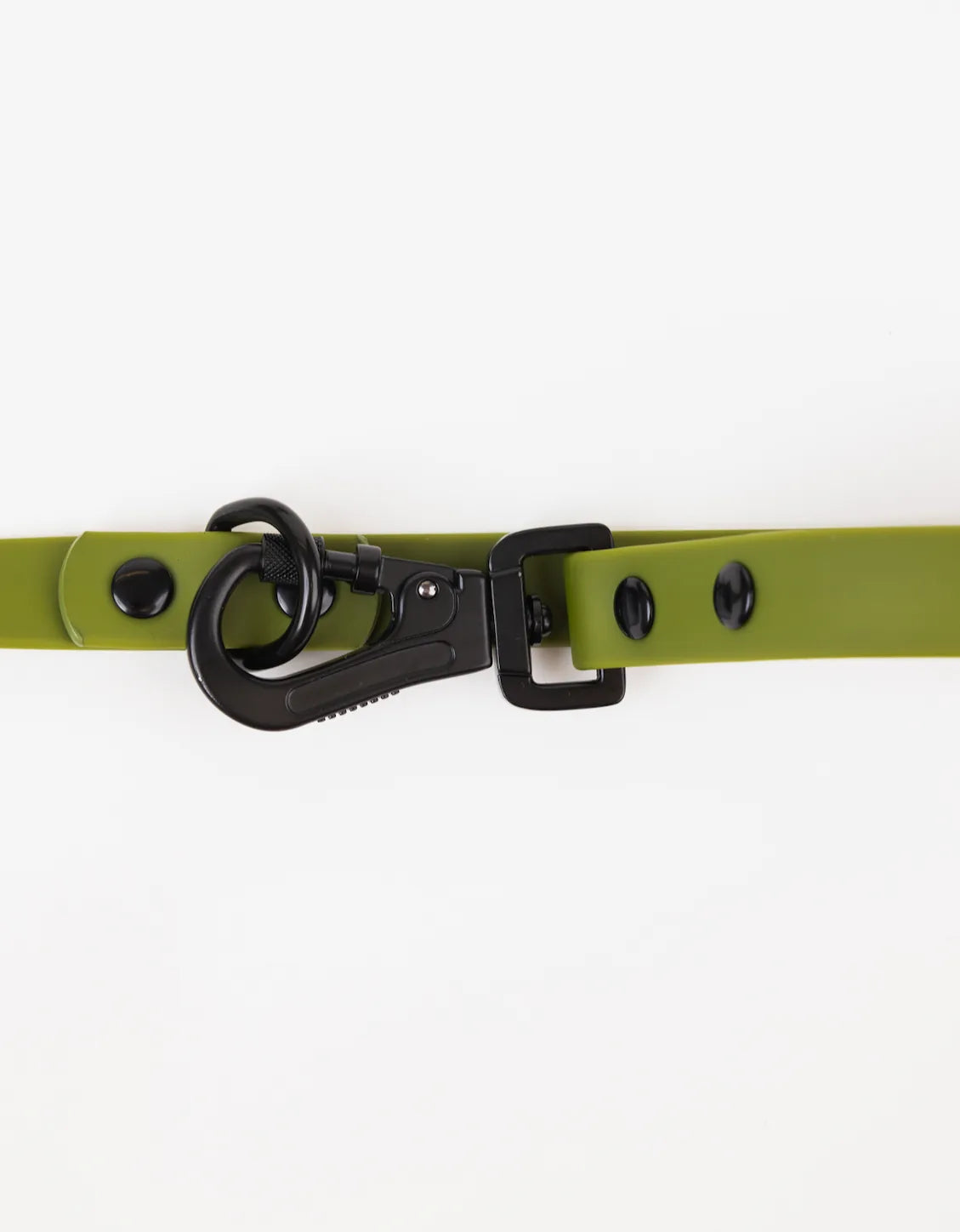 Olive green adjustable dog leash featuring a durable black locking carabiner and buttons for multiple length adjustments.