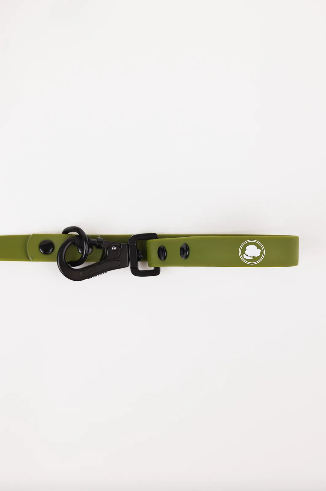 Olive green adjustable dog leash with black locking carabiner and logo, designed for all-weather use.