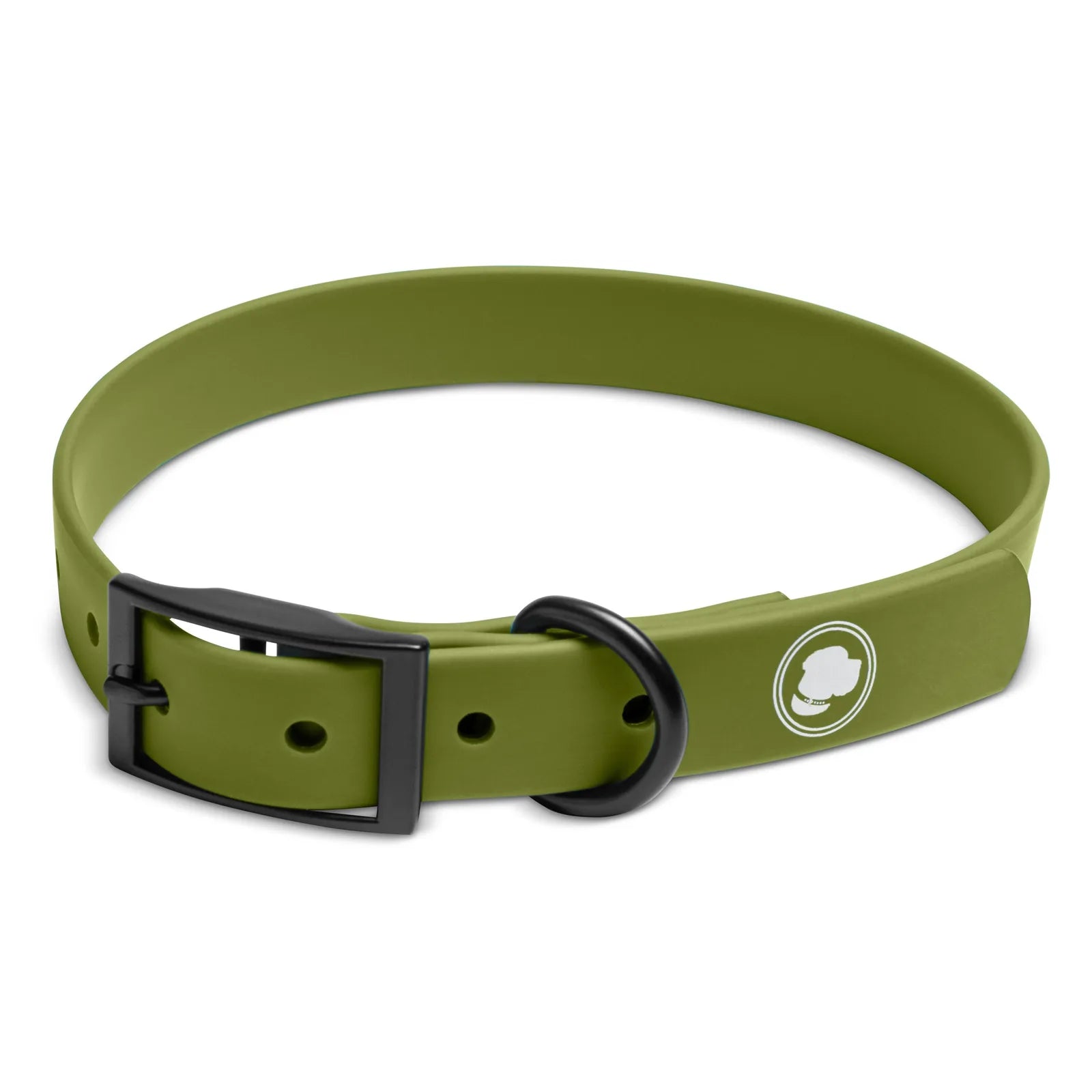Olive green adjustable dog collar with black buckle and logo, designed for all-weather use and easy cleaning.