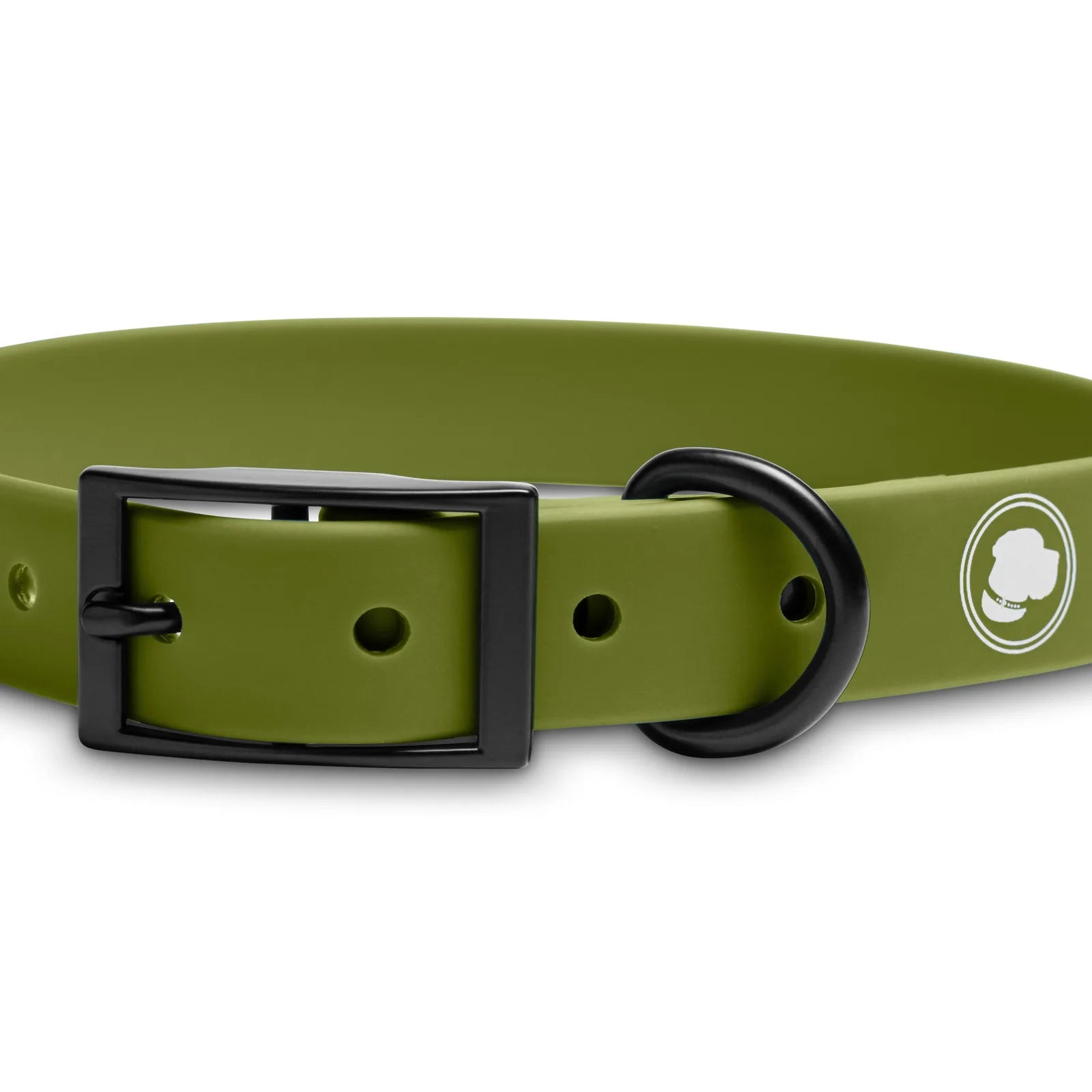 Adjustable olive green dog collar with a black buckle and logo, designed for all-weather use and easy cleaning.