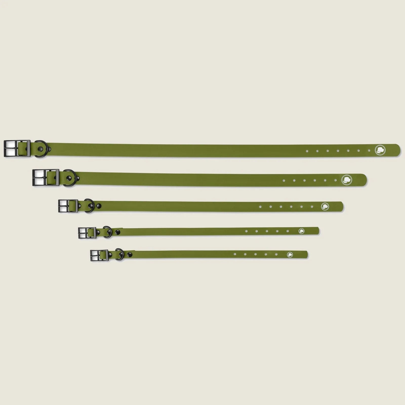 Adjustable olive green dog collars in various sizes with black hardware, perfect for all-weather use.