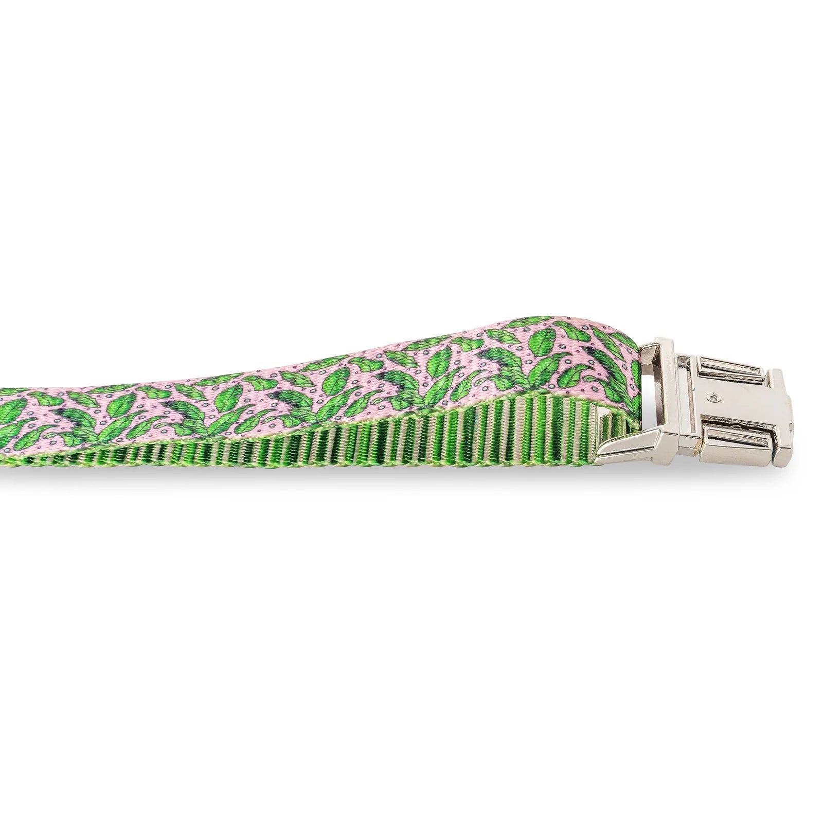 Stylish pink and green dog leash featuring tropical patterns and a dual swivel bolt snap for adjustable lengths.