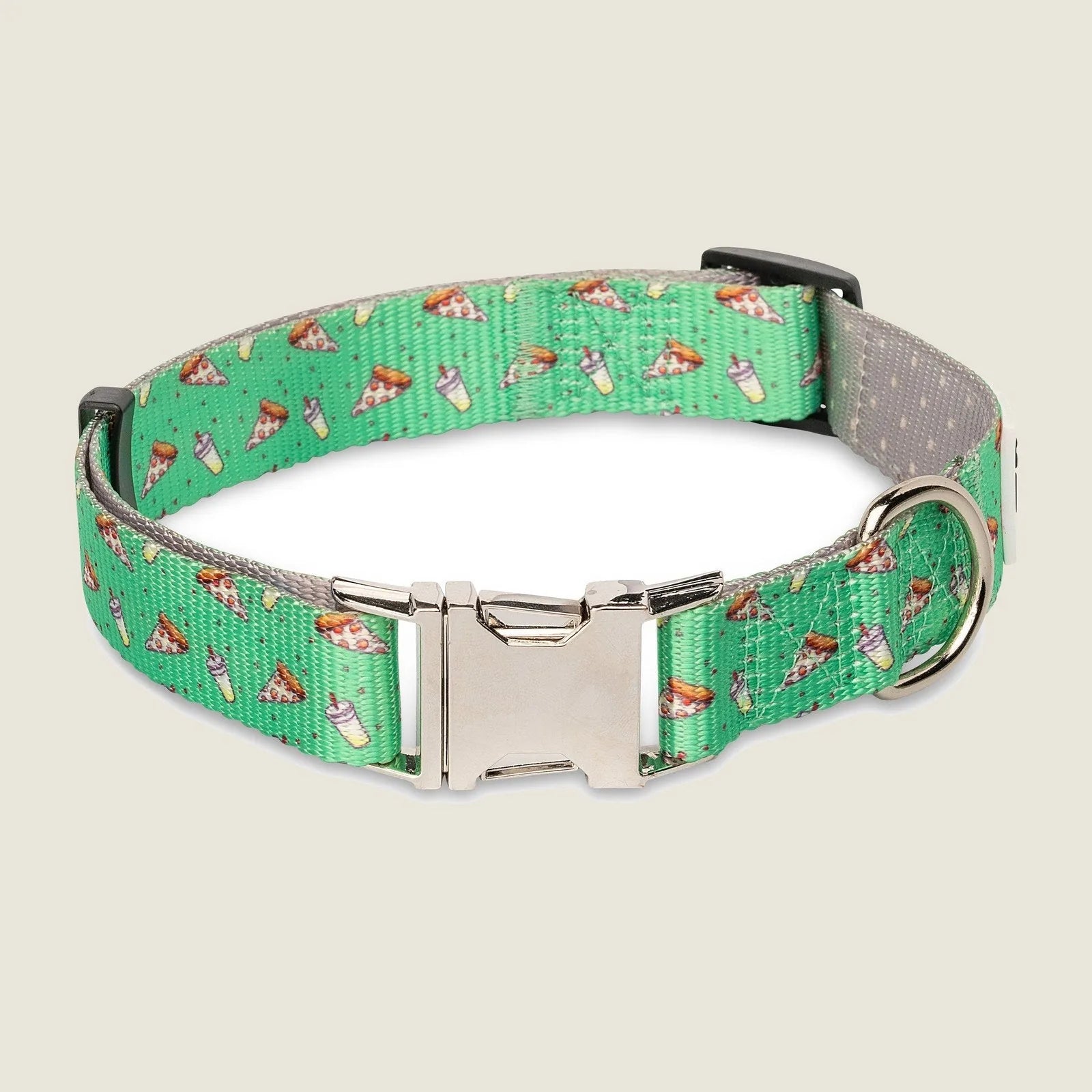 Bright green dog collar featuring pizza and drink motifs, adjustable with a durable strap and all-metal buckle.