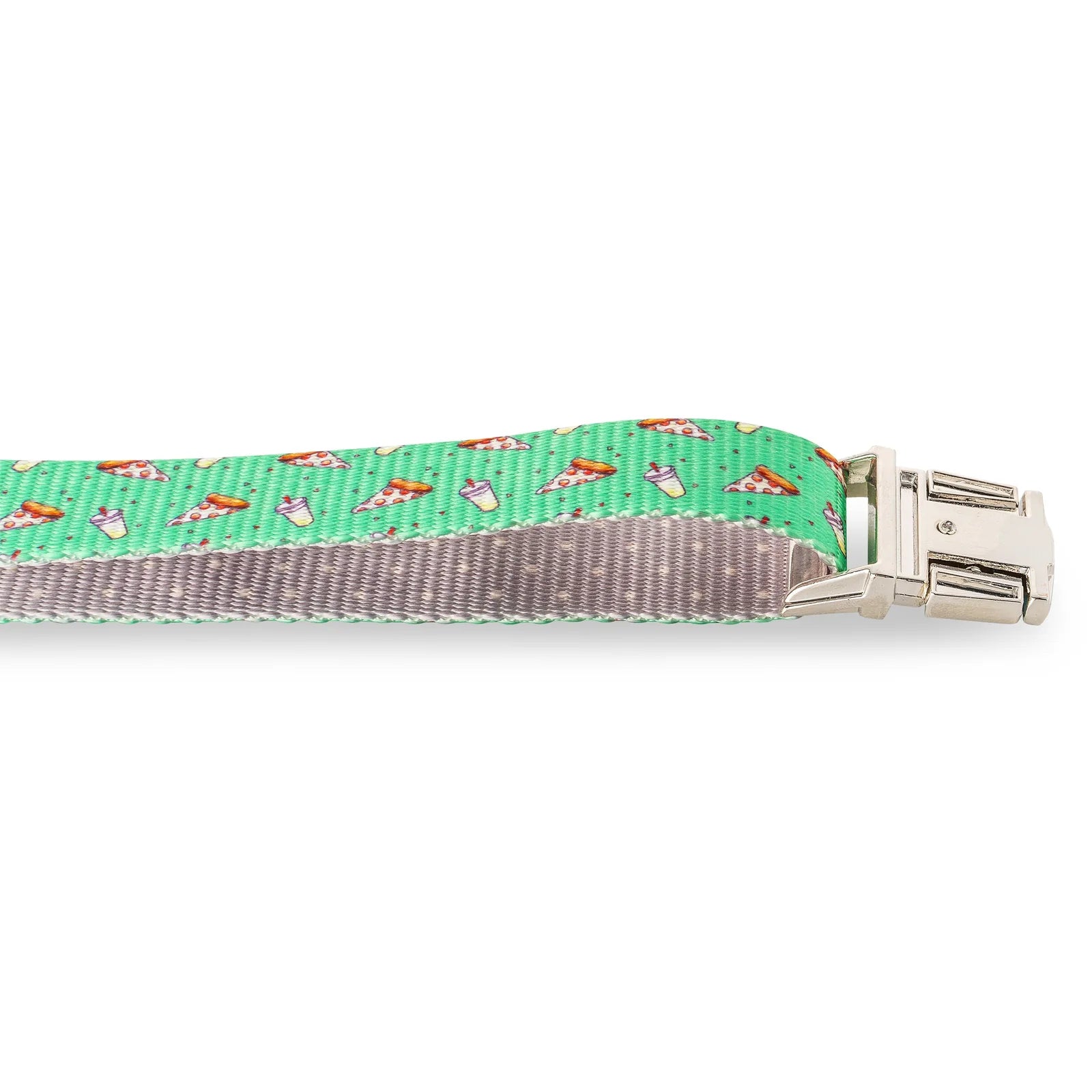 Adjustable dog collar featuring a playful pizza and drink pattern on a green background, with durable silver metal buckle.