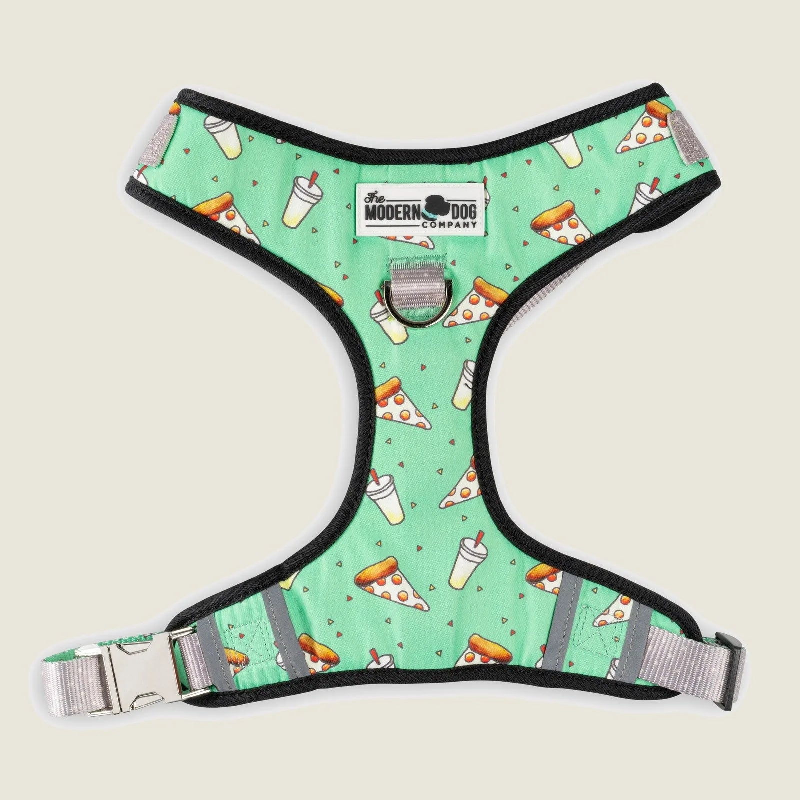 Pizza Party dog harness featuring a mint green background with pizza and drink patterns, designed for comfort and fun.