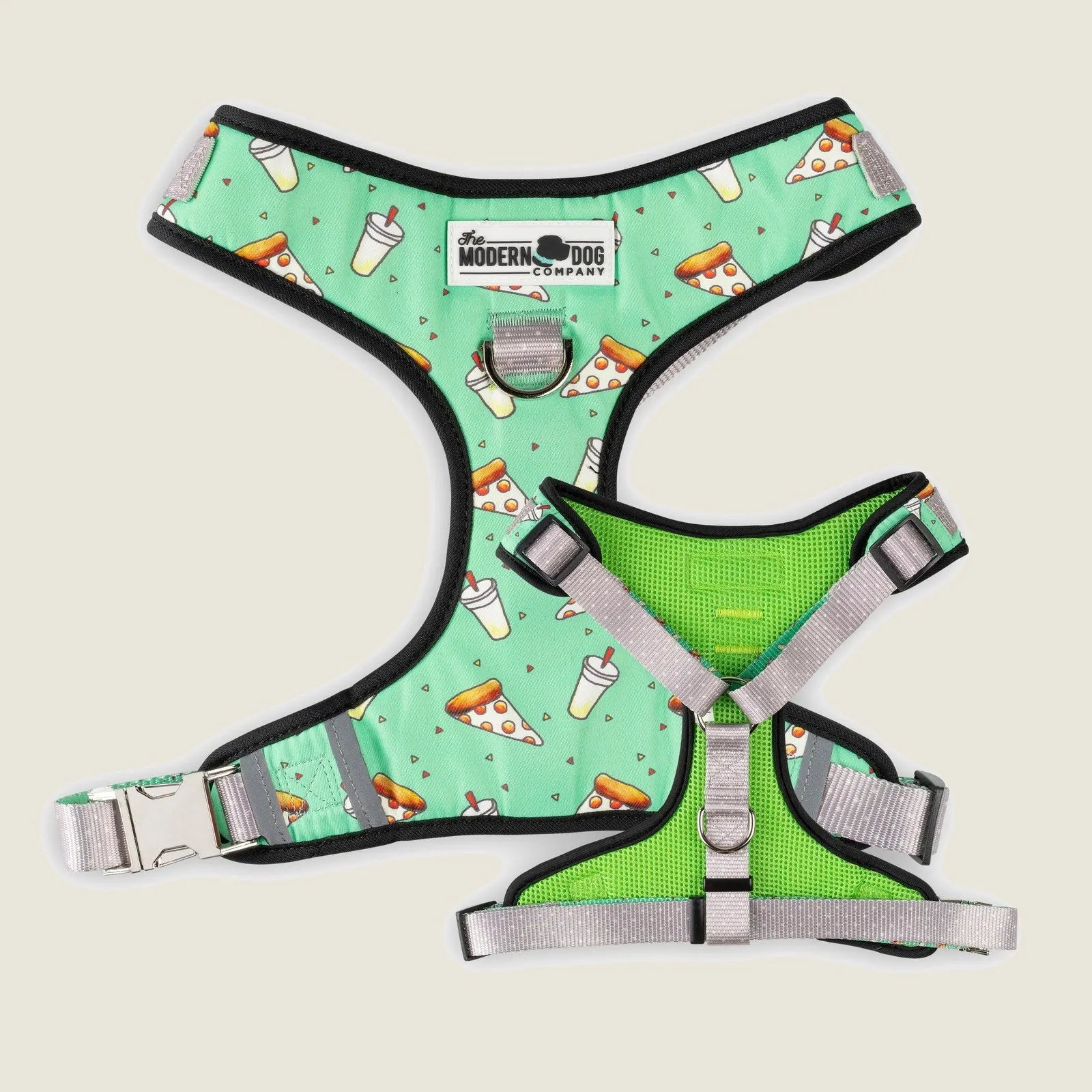 Pizza Party dog harness in mint green with pizza and drink pattern, featuring adjustable straps and double D-ring design.