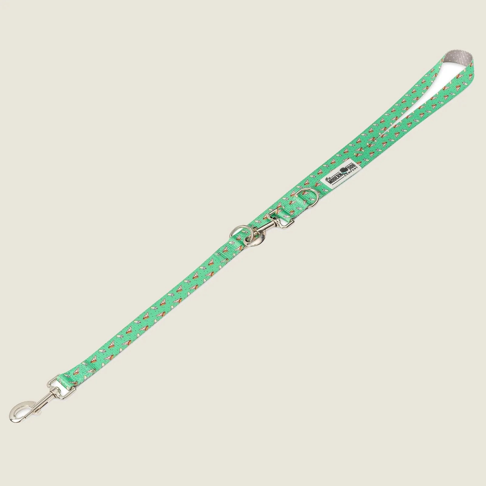 Adjustable dog leash in vibrant green, featuring a pizza slice pattern and dual swivel bolt snaps for versatility.