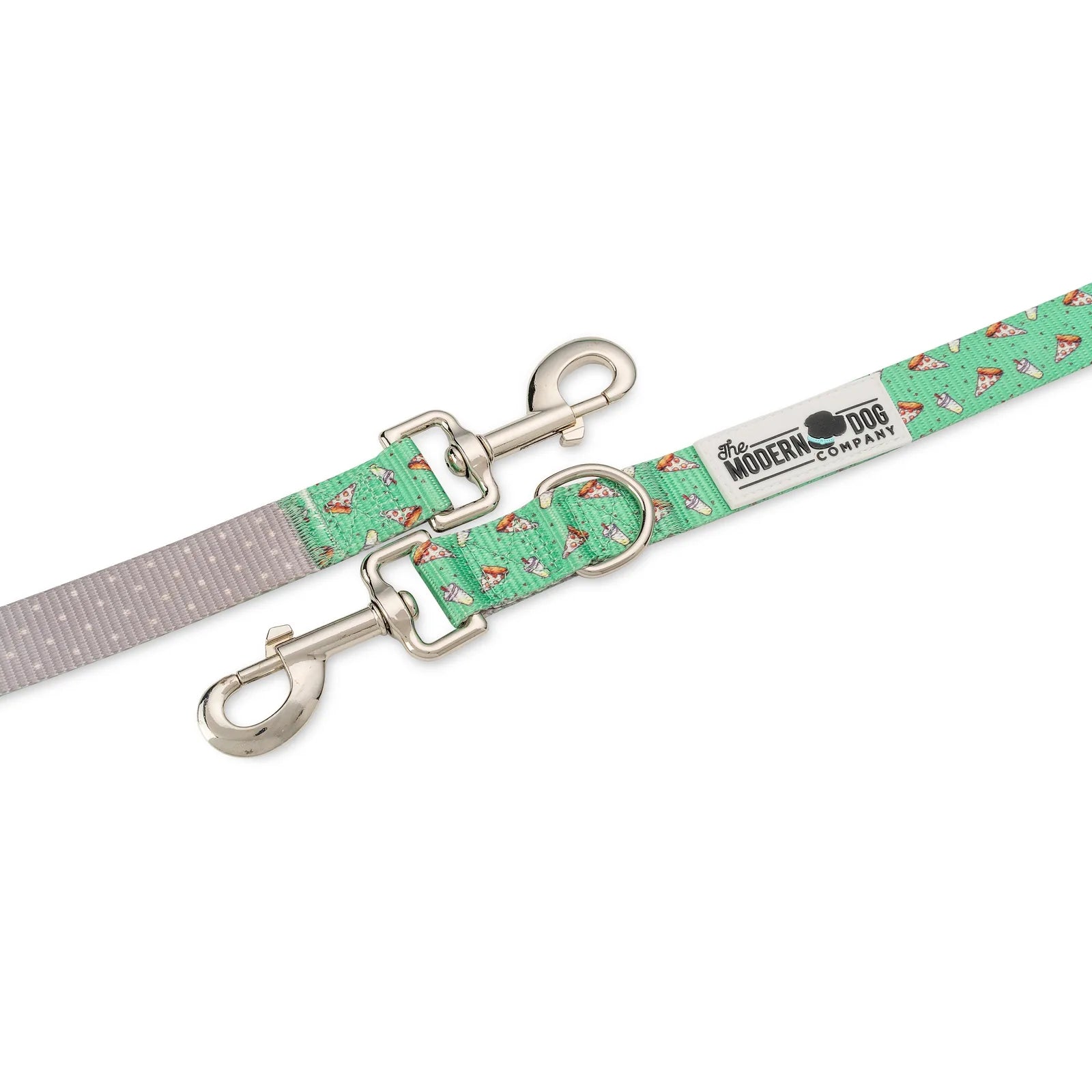 Adjustable dog leash with a mint green pizza pattern and a gray accent, featuring dual swivel bolt snaps.