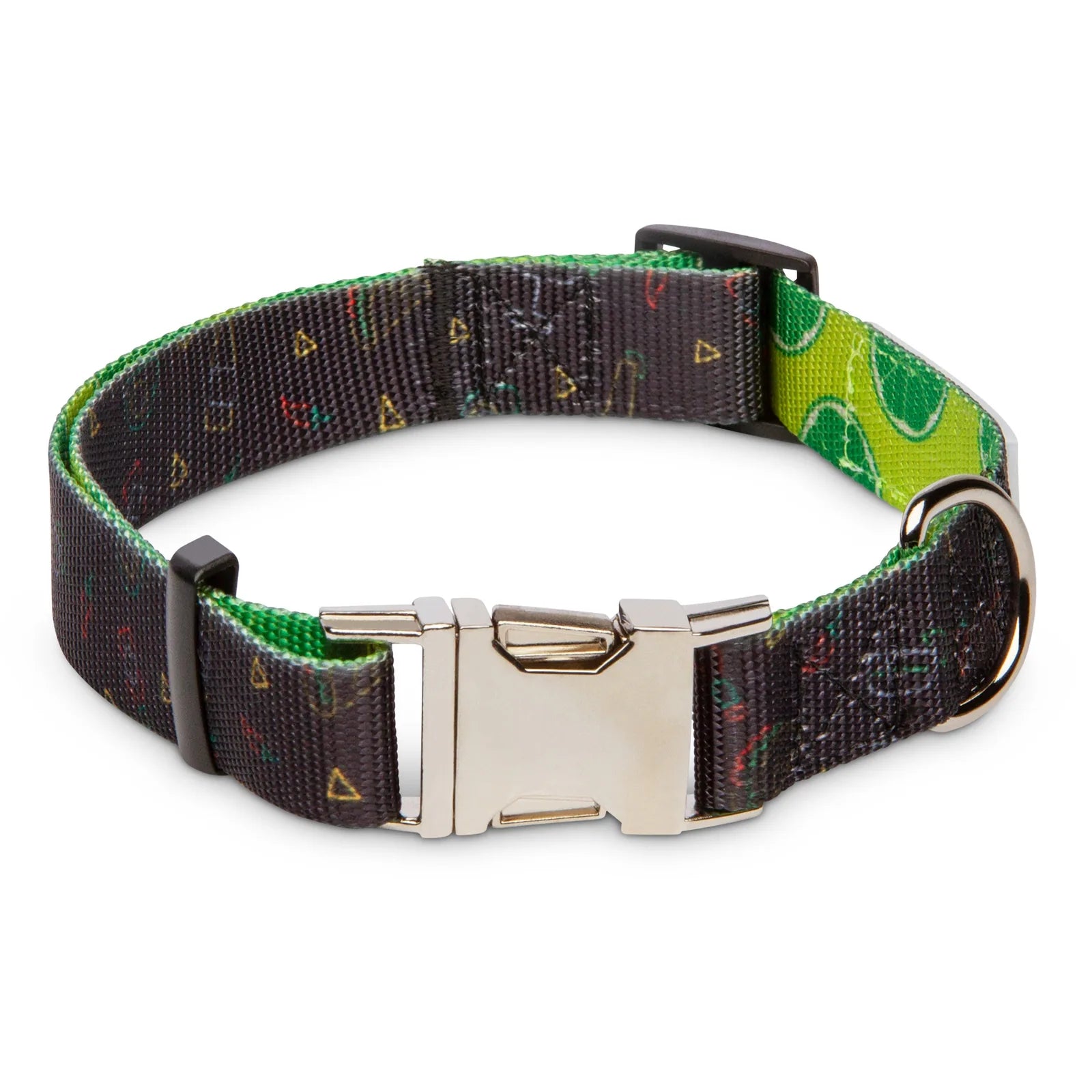 Retro-inspired dog collar with vibrant green and black design, adjustable strap, and sturdy metal buckle.
