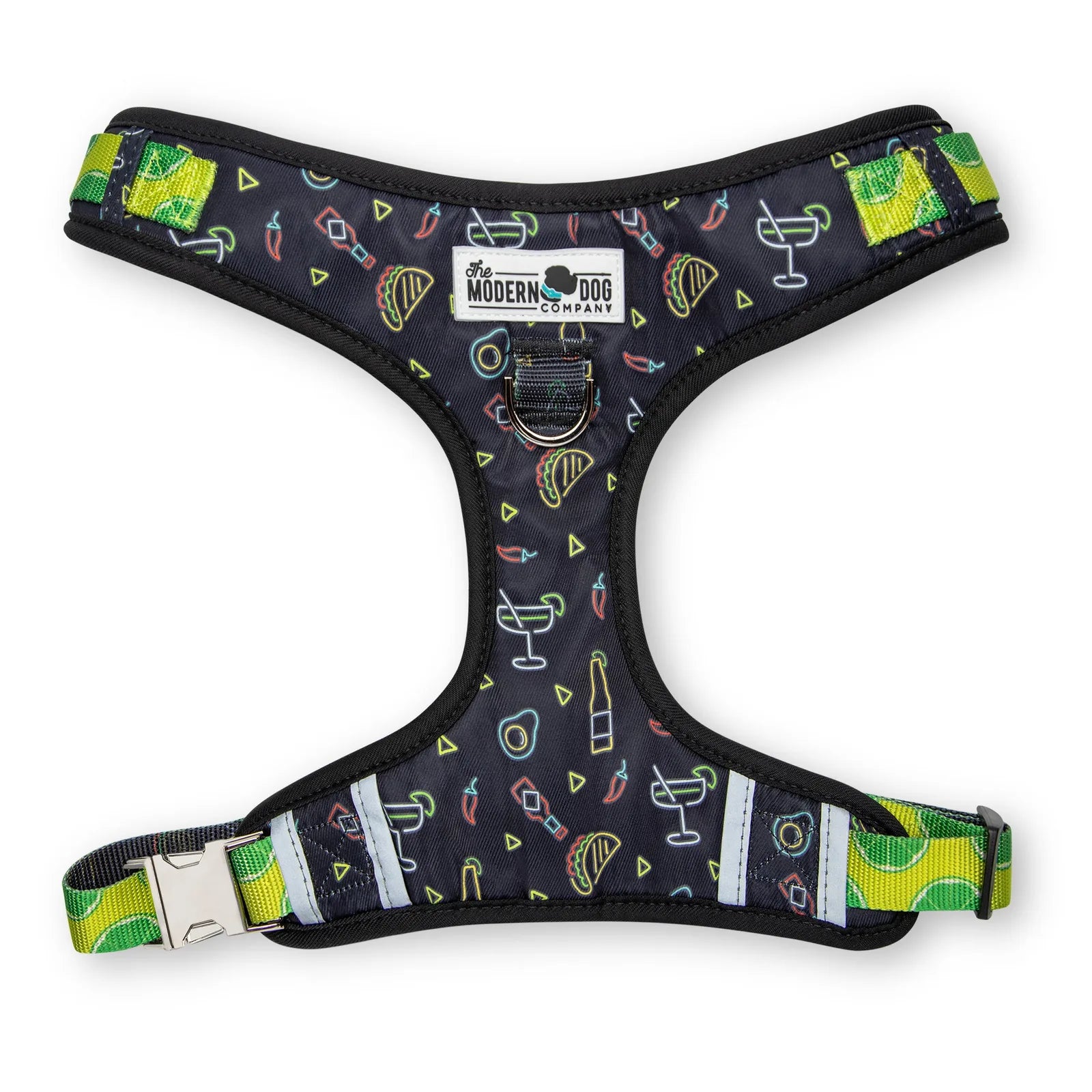 Retro Taco Tuesday dog harness featuring a fun black pattern with colorful taco and drink icons, adjustable straps, and D-...