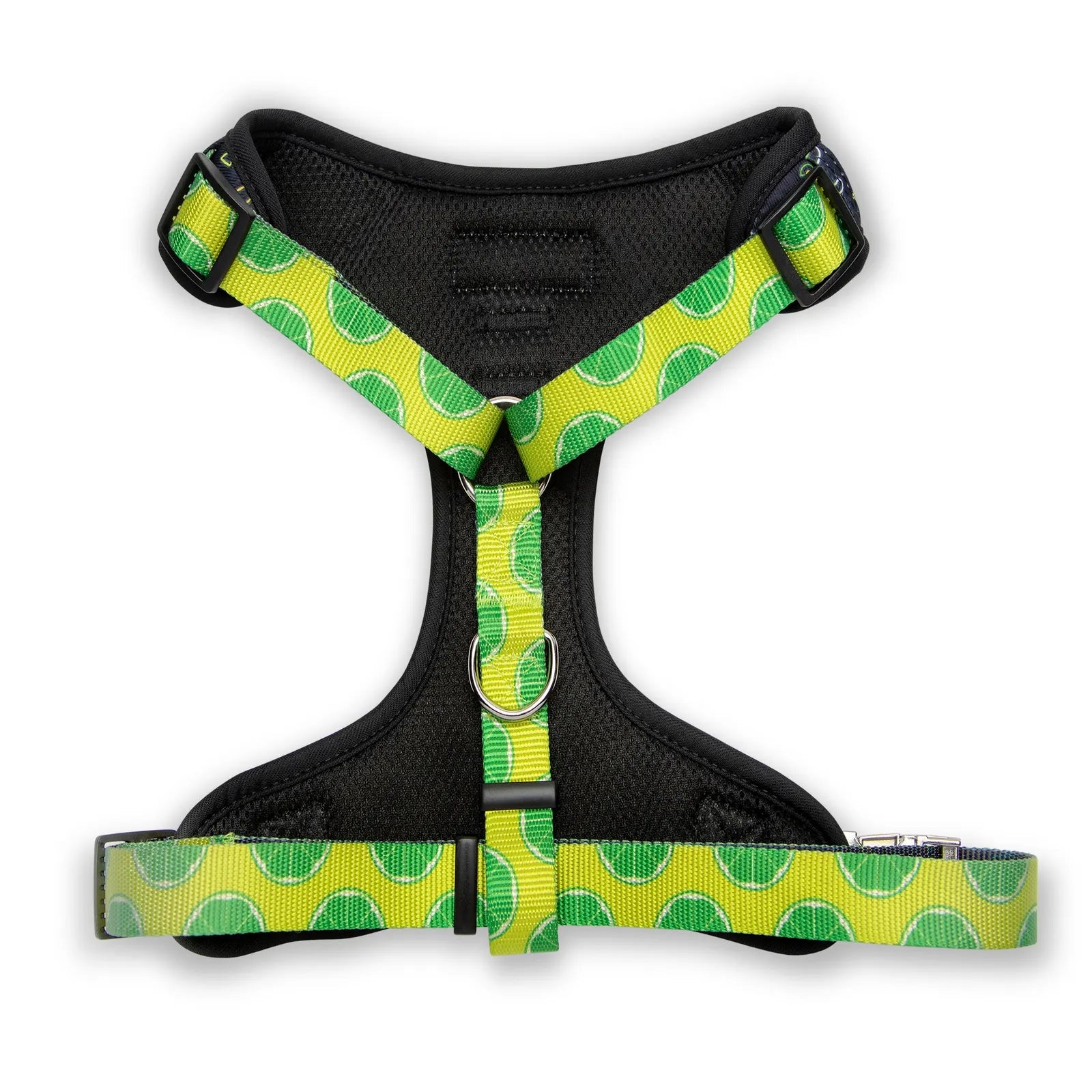 Retro taco harness in black mesh and vibrant lime green pattern, featuring adjustable straps and double D-ring design.