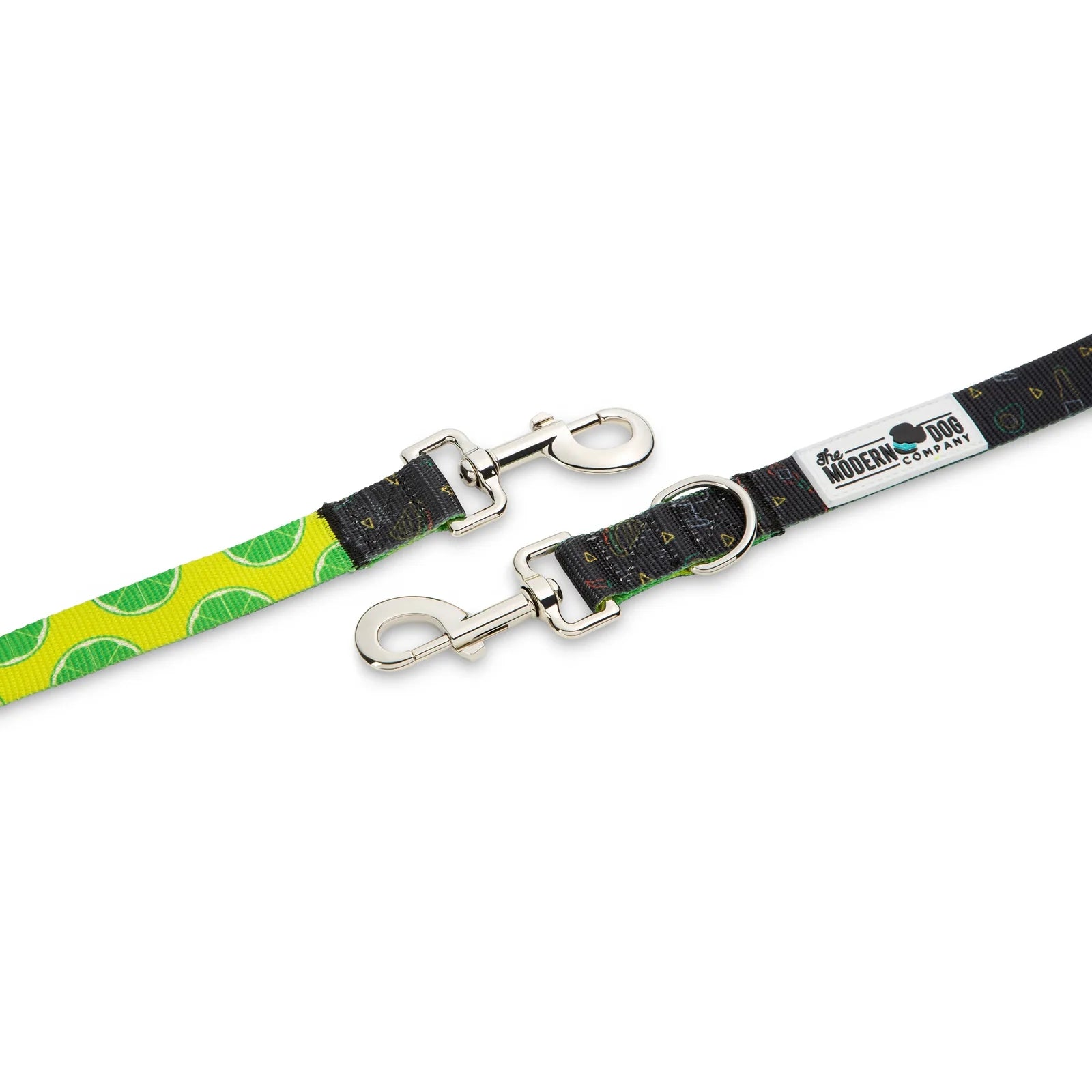 Vibrant dog leash featuring lime green citrus patterns on a yellow background, with dual metal swivel clips for adjustabil...