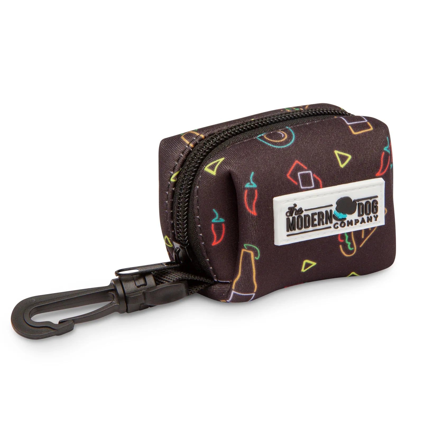 Compact black neoprene dog waste bag holder with colorful geometric patterns and a clip for leashes.
